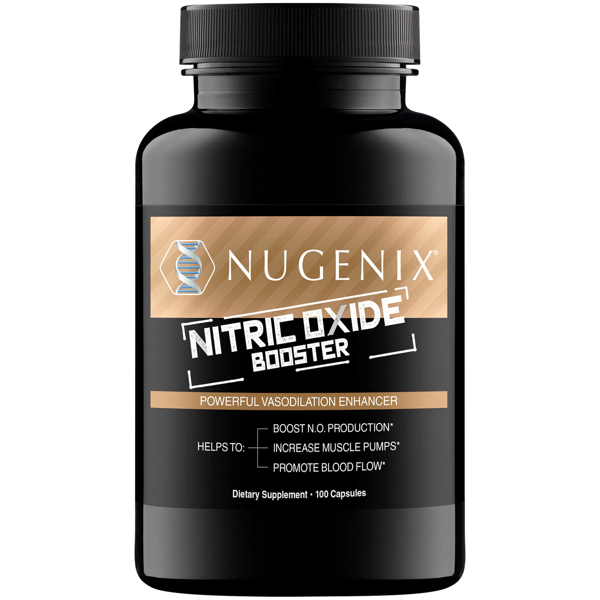 Nugenix booster oxyde nitrique : bouteille sur étagère, soutien potentiel au flux sanguin.