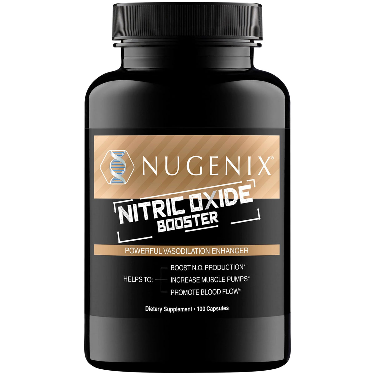 Nugenix booster oxyde nitrique : bouteille sur étagère, soutien potentiel au flux sanguin.