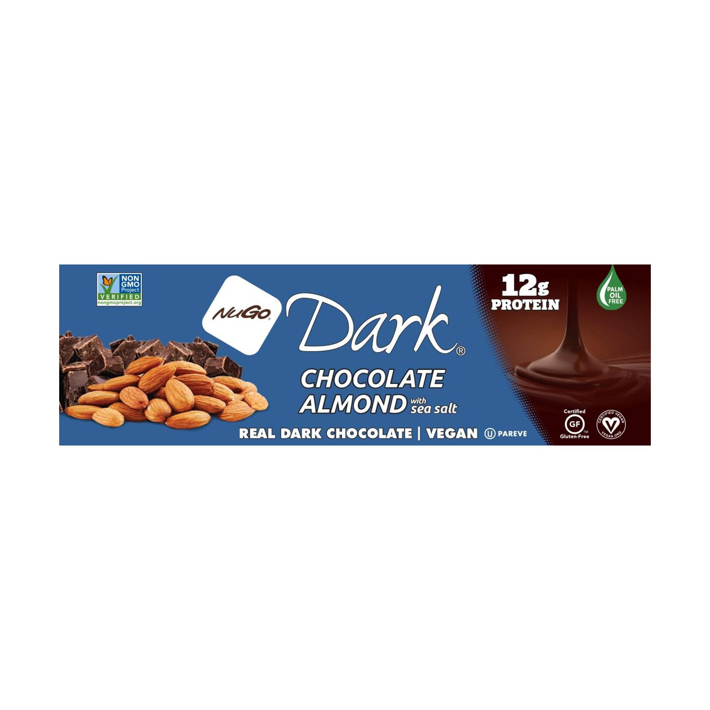 Barre NuGo chocolat noir amande sel mer, amandes croquantes dans le chocolat noir.