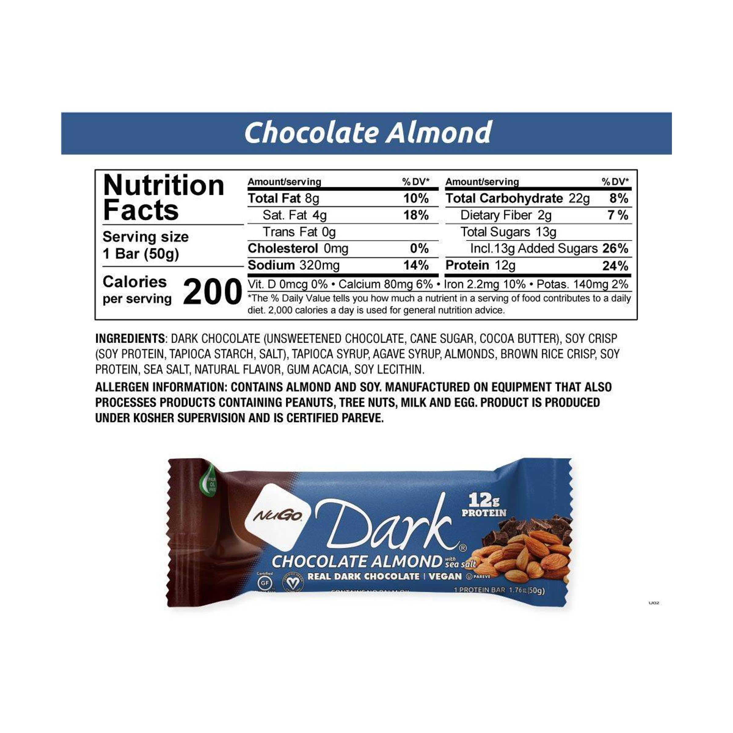 Barre NuGo chocolat noir amande sel mer, croquant d'amandes et fini salé.