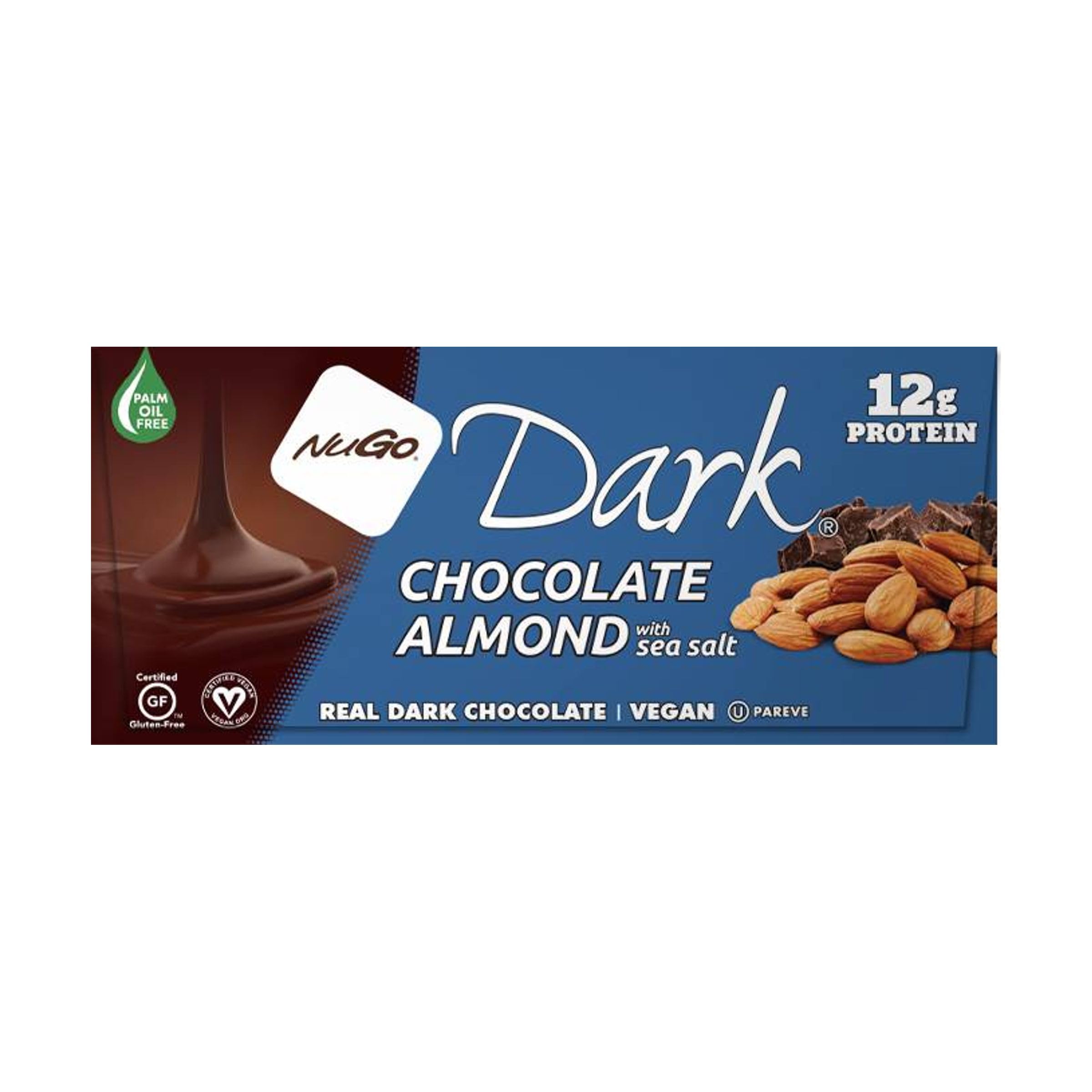 Barre NuGo chocolat noir amande sel mer, emballage élégant et pratique.