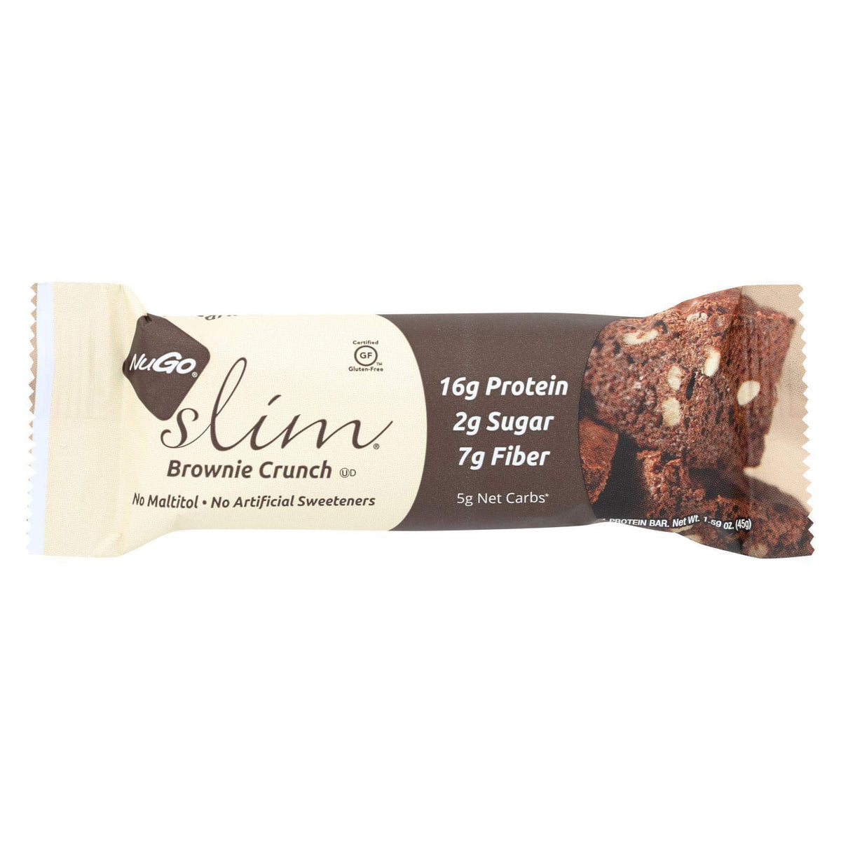 NuGo Barre Mince Brownie Crunch, emballage pratique pour une collation équilibrée.