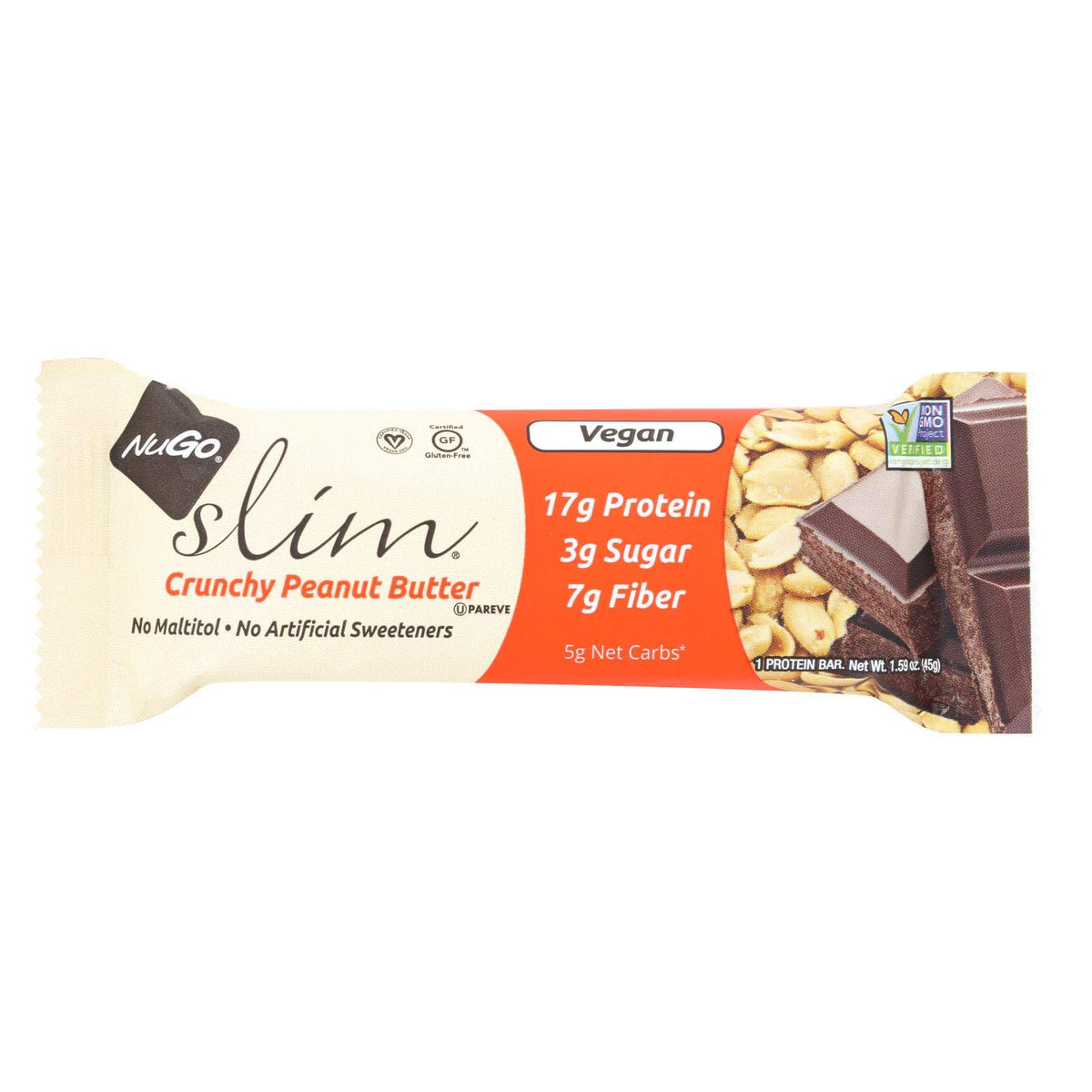 Barre NuGo Slim croquant au beurre de cacahuète, snack pratique et énergie rapide.