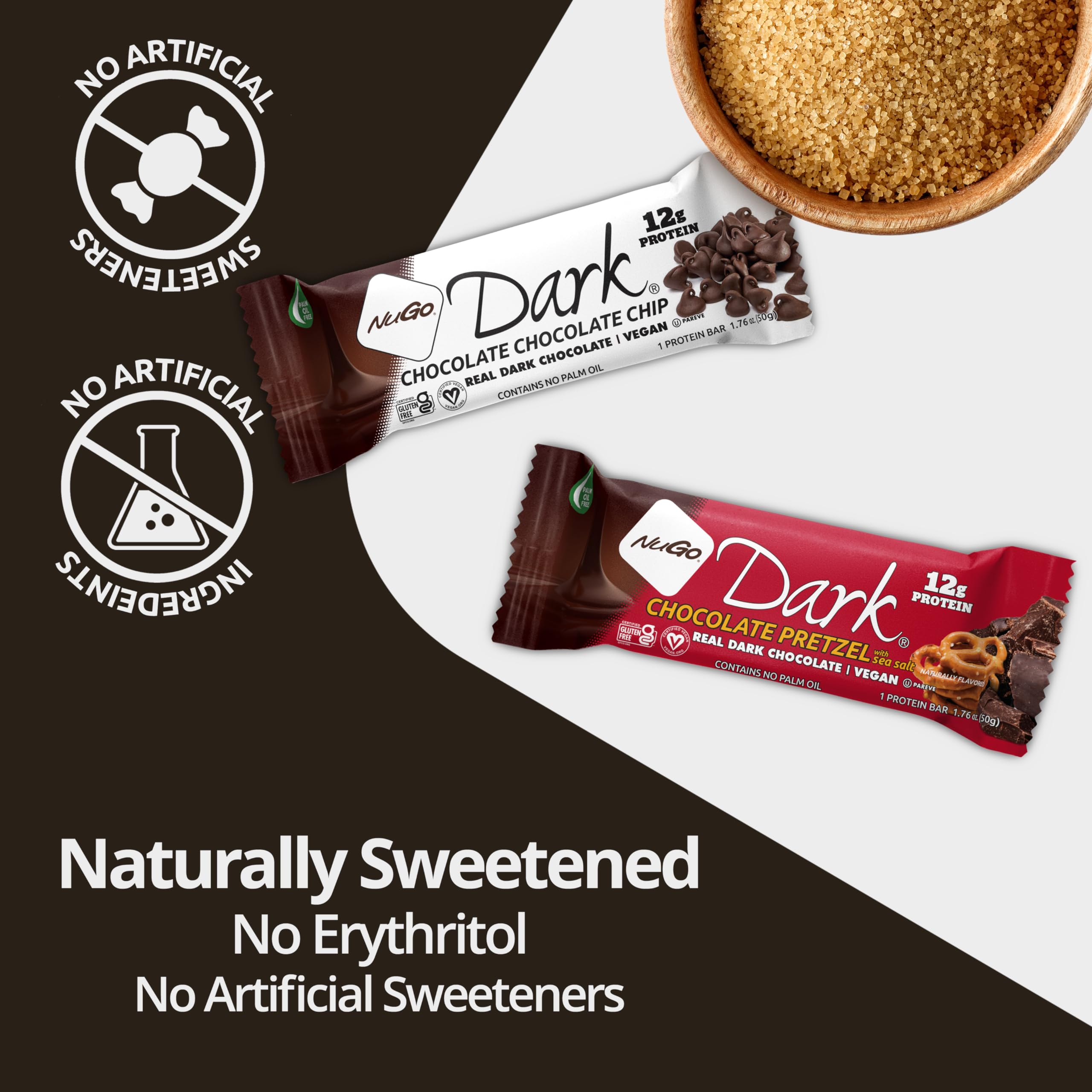 Certifications végane et sans gluten NuGo Dark.