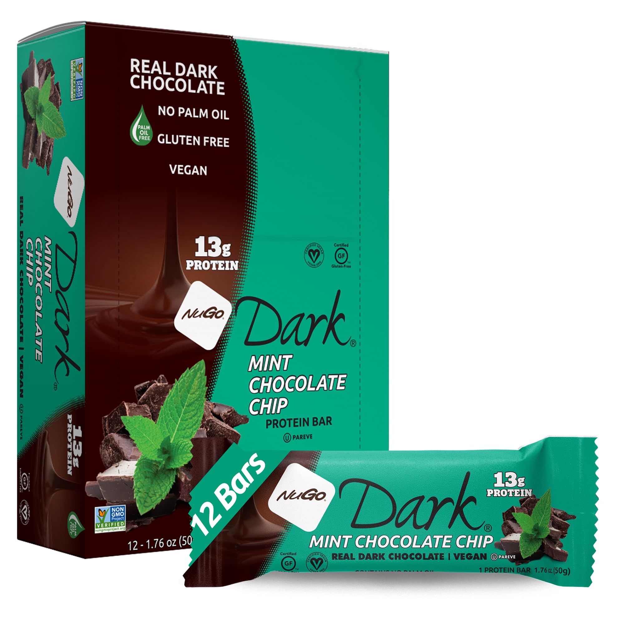 Barre NuGo Dark chocolat noir menthe proteine 13g pour energie durable.