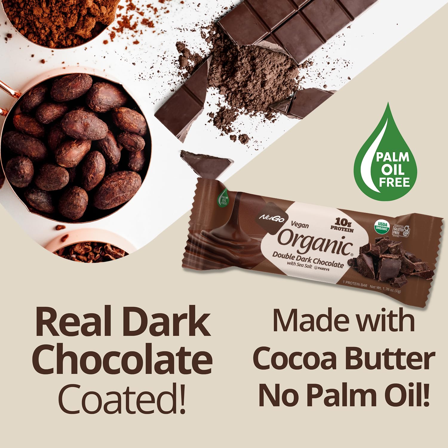 NuGo Organic enrobage chocolat noir authentique pour le plaisir cacao.