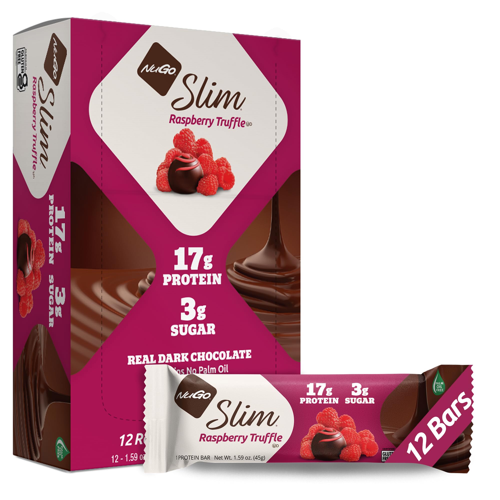 NuGo Slim barre chocolat noir framboise truffe, source d'énergie pratique.