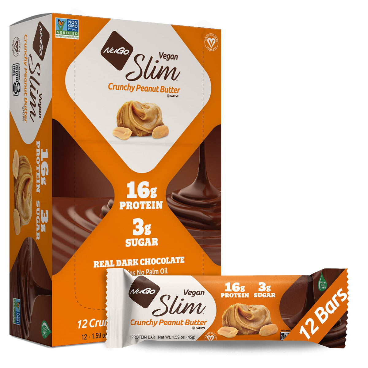 NuGo Slim chocolat noir croustillant, parfait pour une pause gourmande et protéinée.
