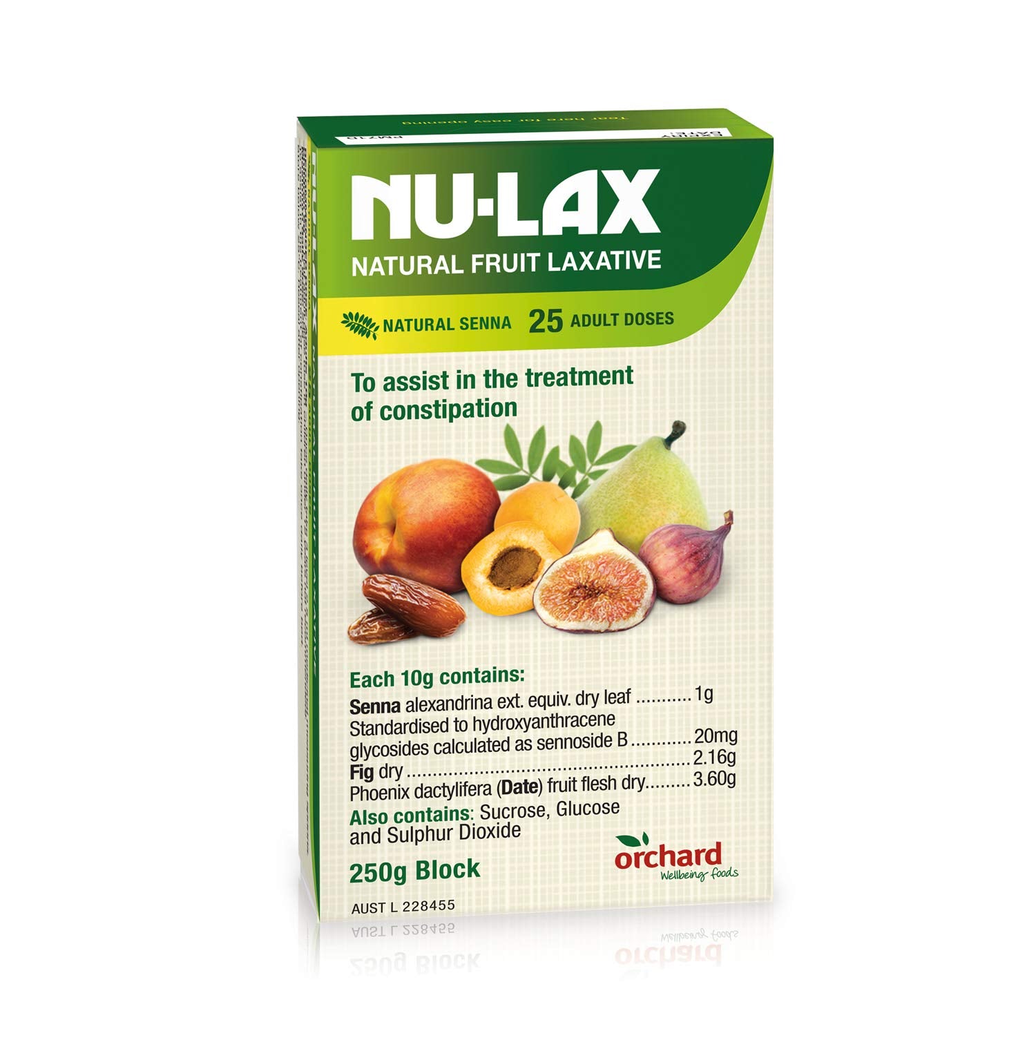 Nulax bloc laxatif fruits montre figues et dattes, texture naturelle.