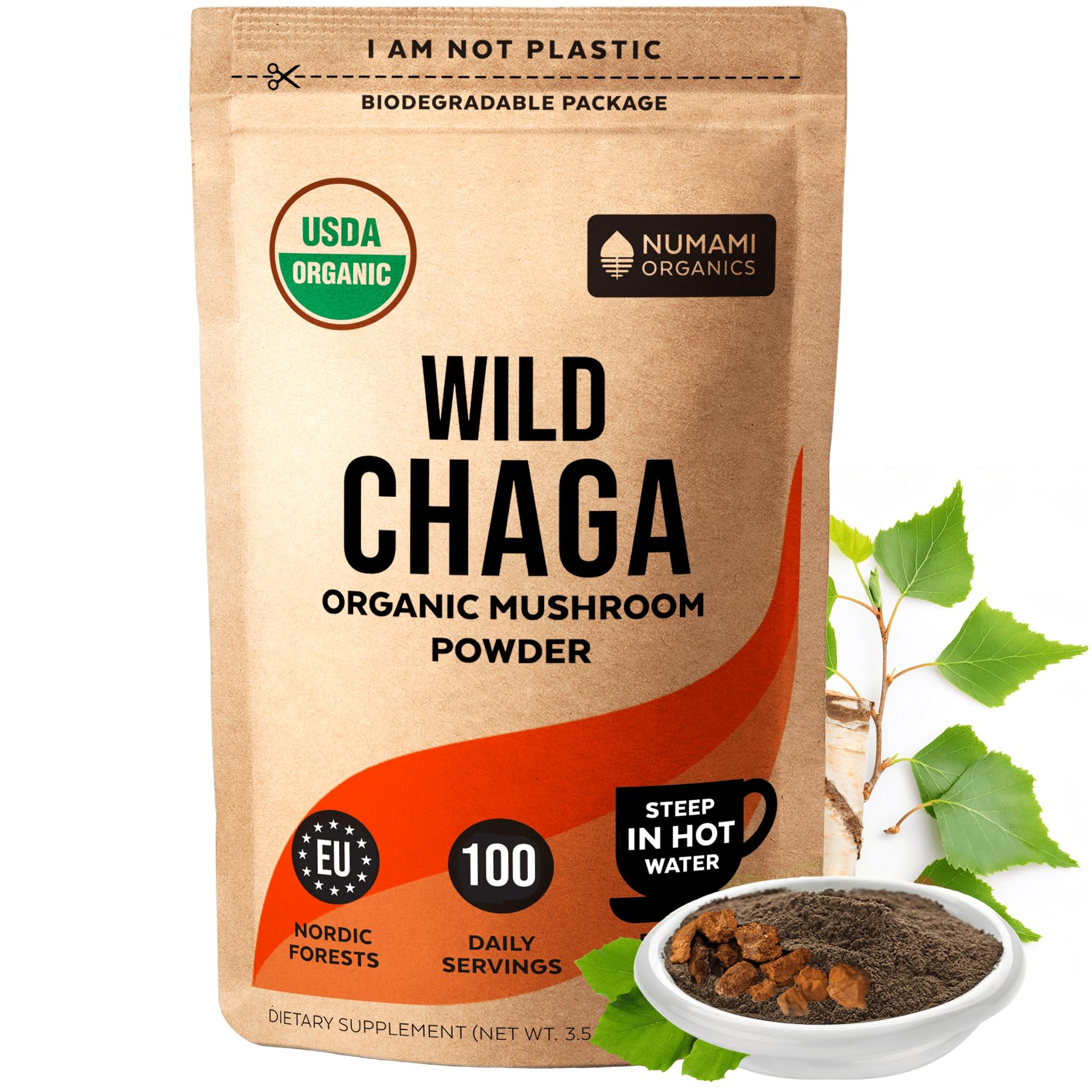 Numami Chaga - poudre fine pour tisane, énergie naturelle sans caféine.