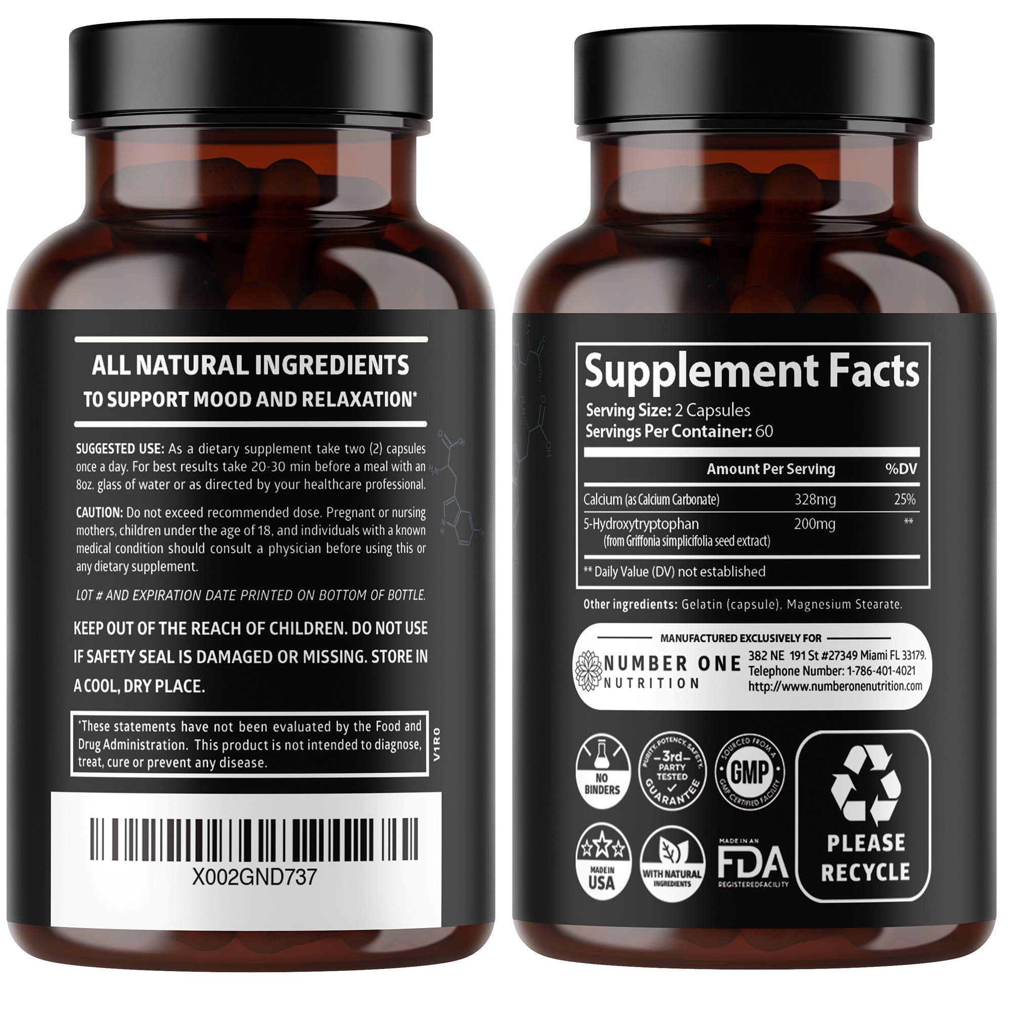 Capsules N1N Premium 5-HTP en gros plan, relaxation potentielle quotidienne.