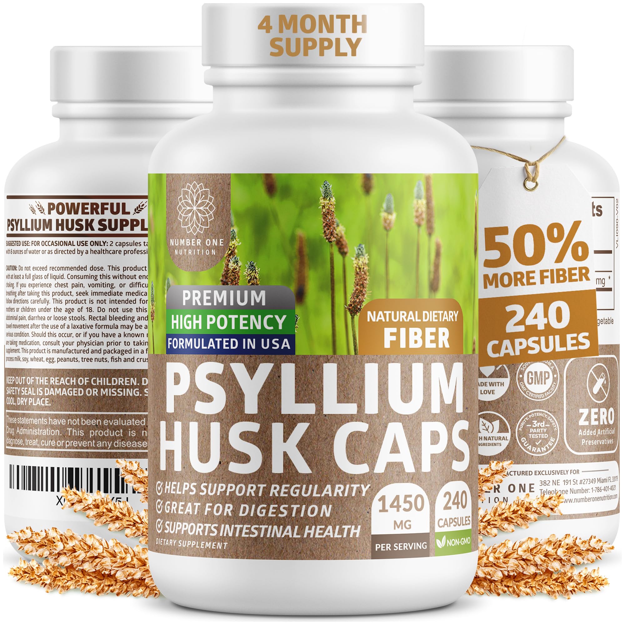 Numéro 1 Nutrition N1N Psyllium, capsules en boîte pour le confort digestif