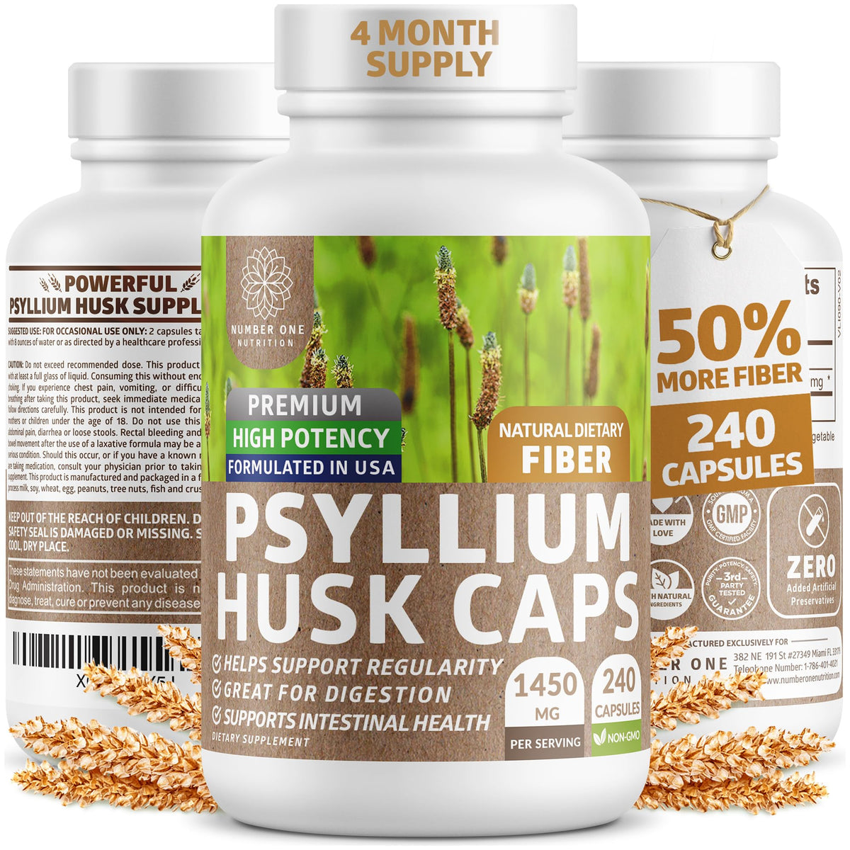 Numéro 1 Nutrition N1N Psyllium, capsules en boîte pour le confort digestif