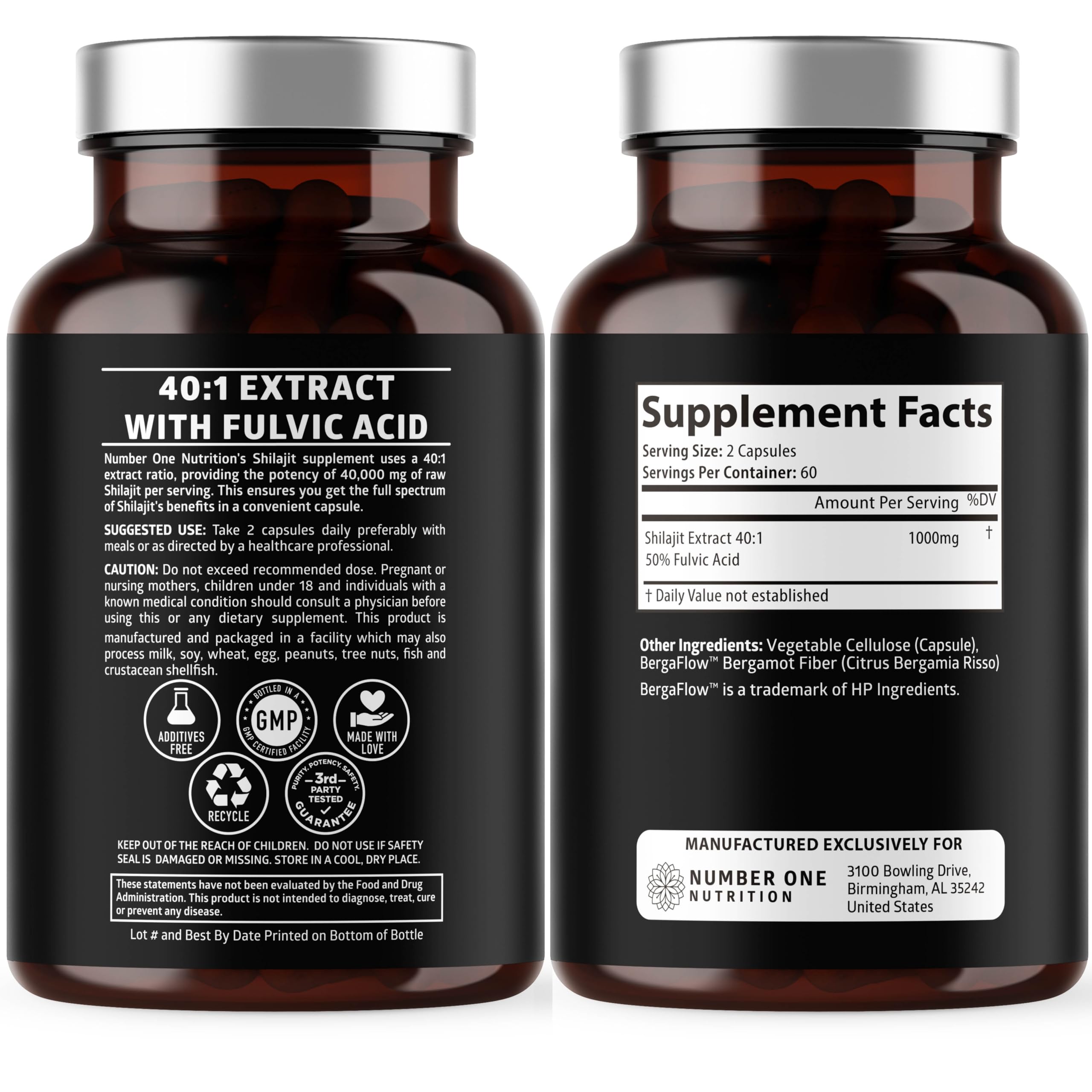 Shilajit Number One Nutrition, capsules gros plan, soutien énergétique possible.