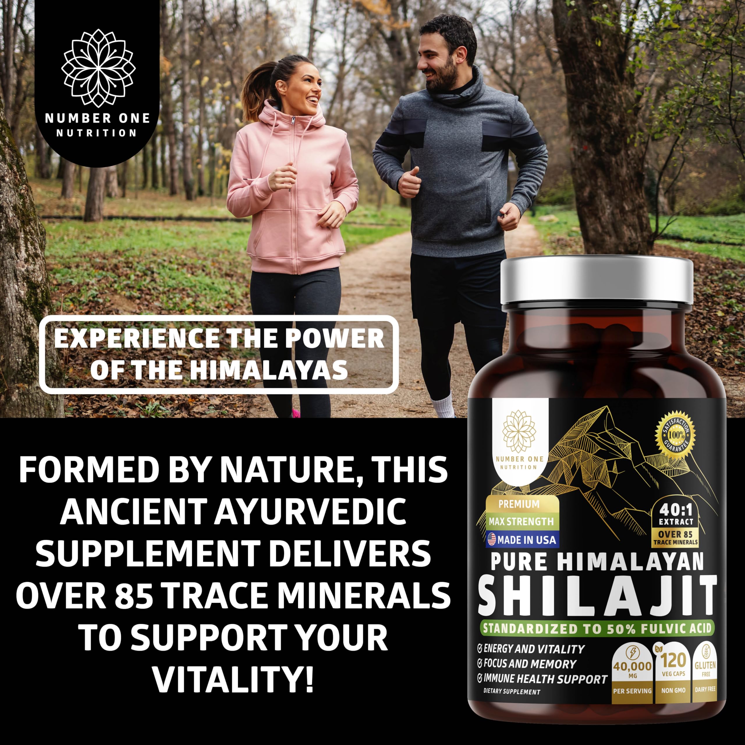 Shilajit Number One Nutrition, paysage himalayen, origine naturelle et pureté.