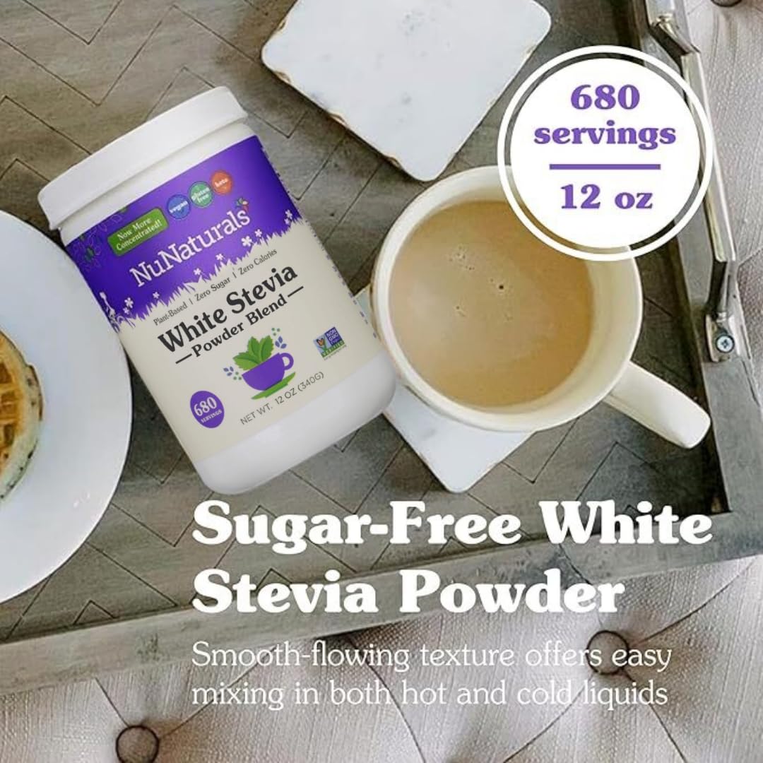Poudre Stevia Nunaturals Blanche – mesure facile pour café.