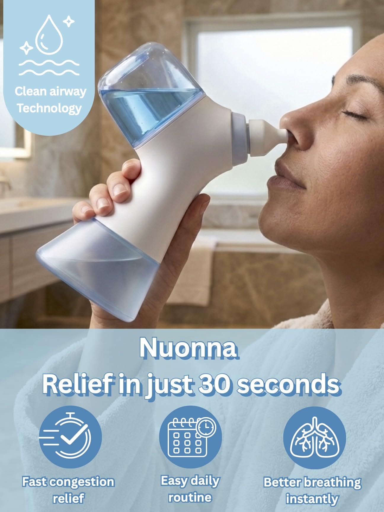 NUONNA utilisation en main du dispositif nasal pour rinçage rapide