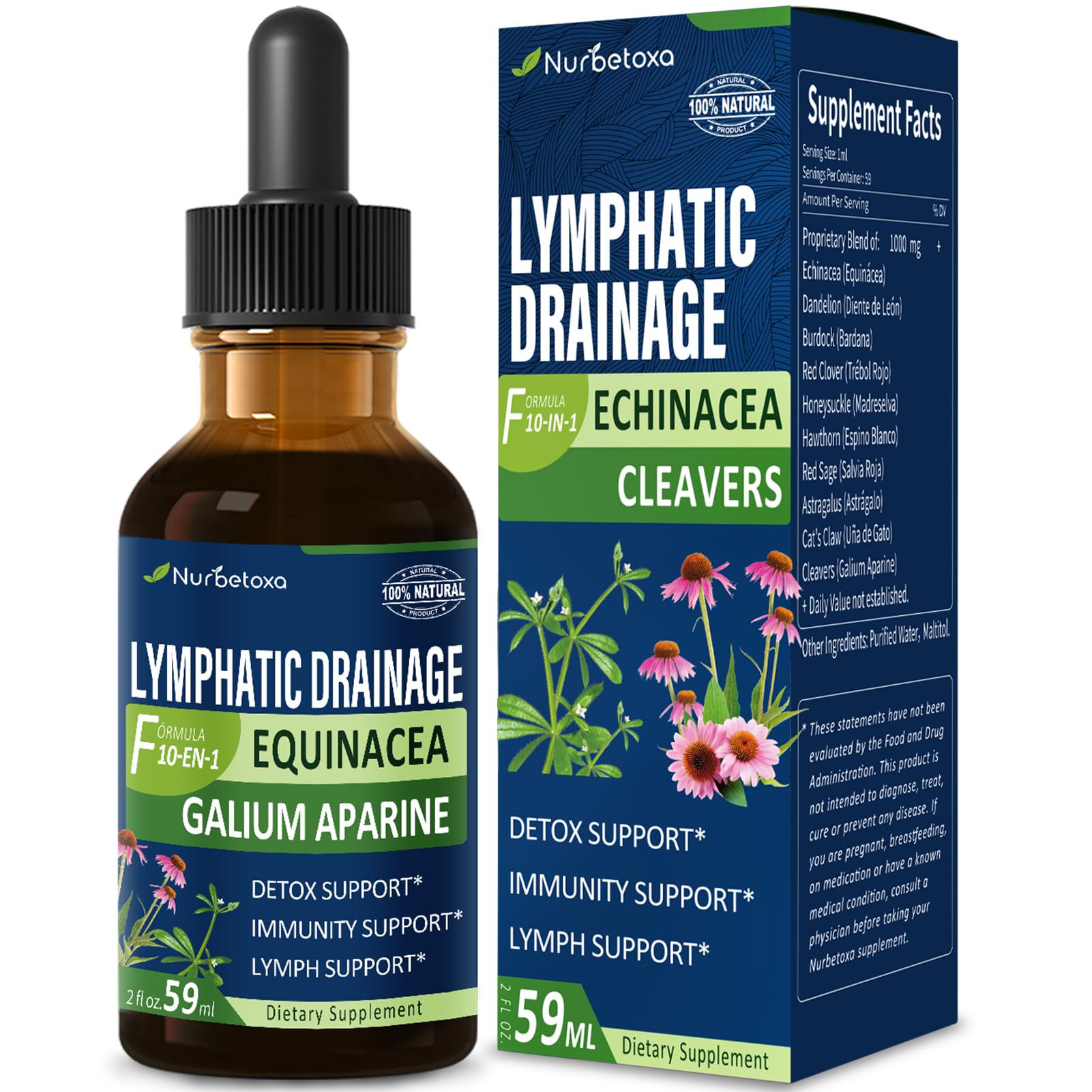 Nurbetoxa gouttes Cleavers en bouteille, idéal pour le drainage lymphatique potentiel.