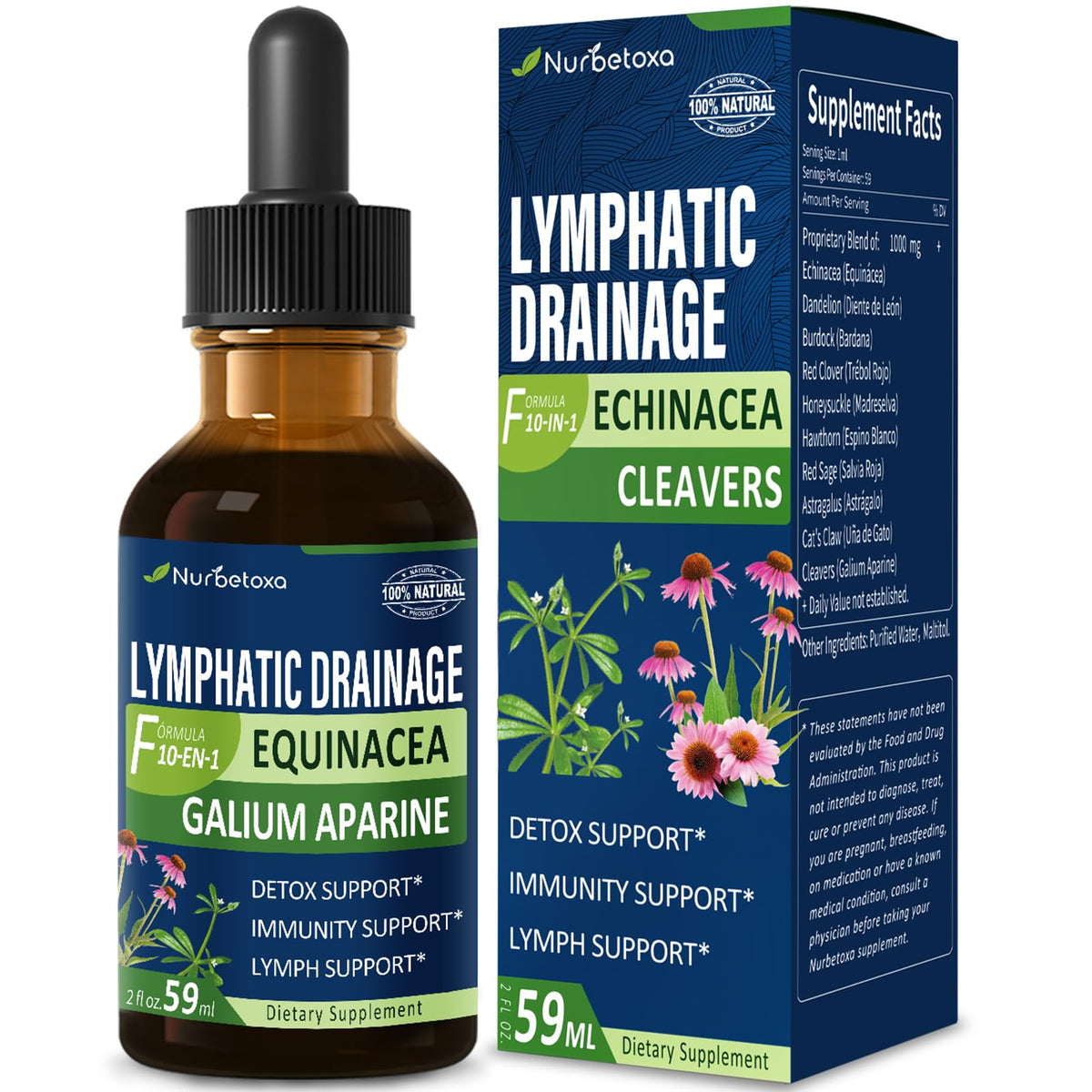 Nurbetoxa gouttes Cleavers en bouteille, idéal pour le drainage lymphatique potentiel.