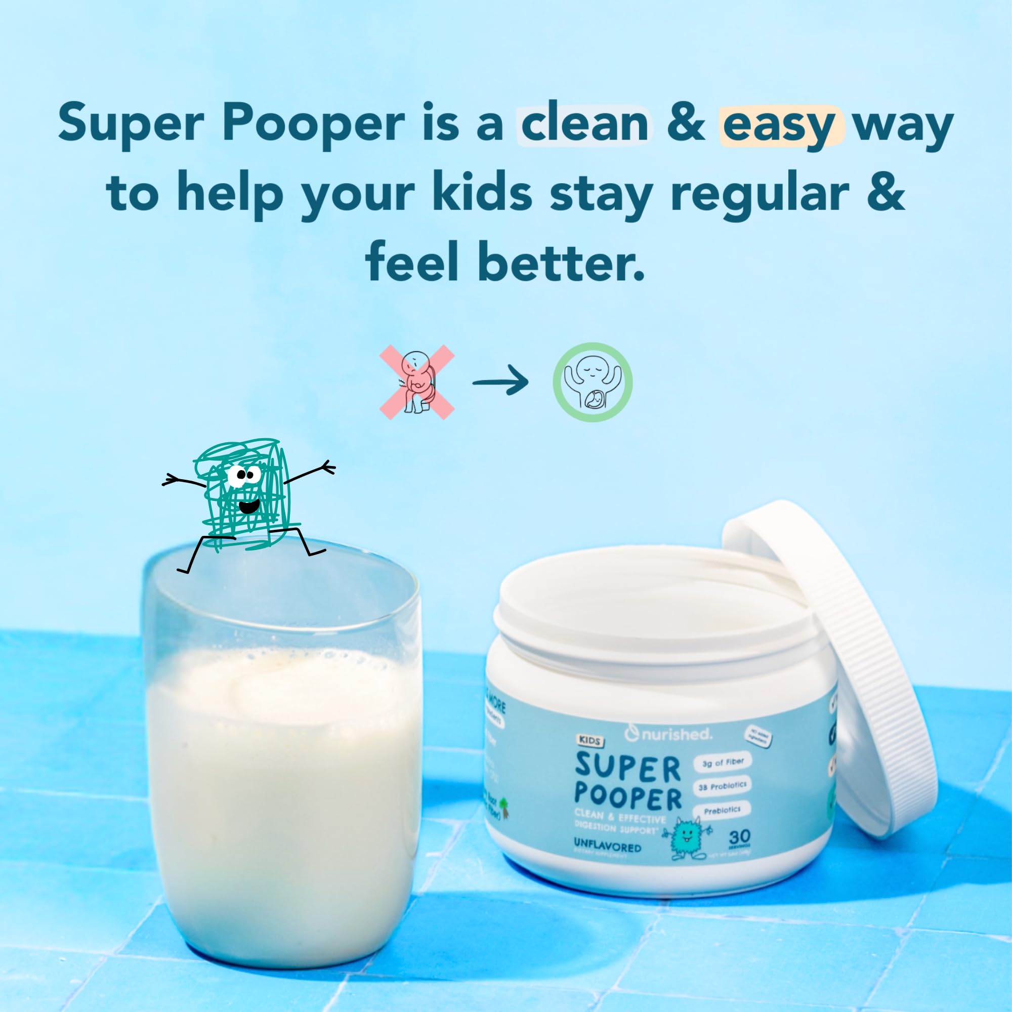 Nurished Super Pooper ingrédients-fibres-probiotiques-prebiotiques, formulation simple et efficace.
