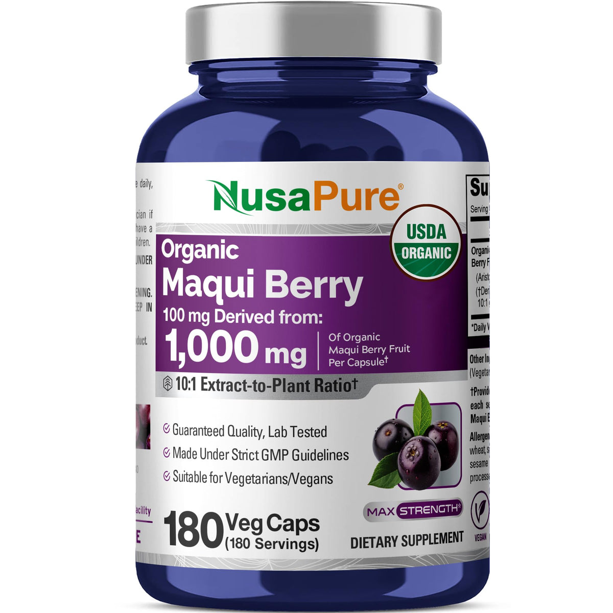 NusaPure Maqui, bouteille avant, présentation claire pour usage quotidien végan.