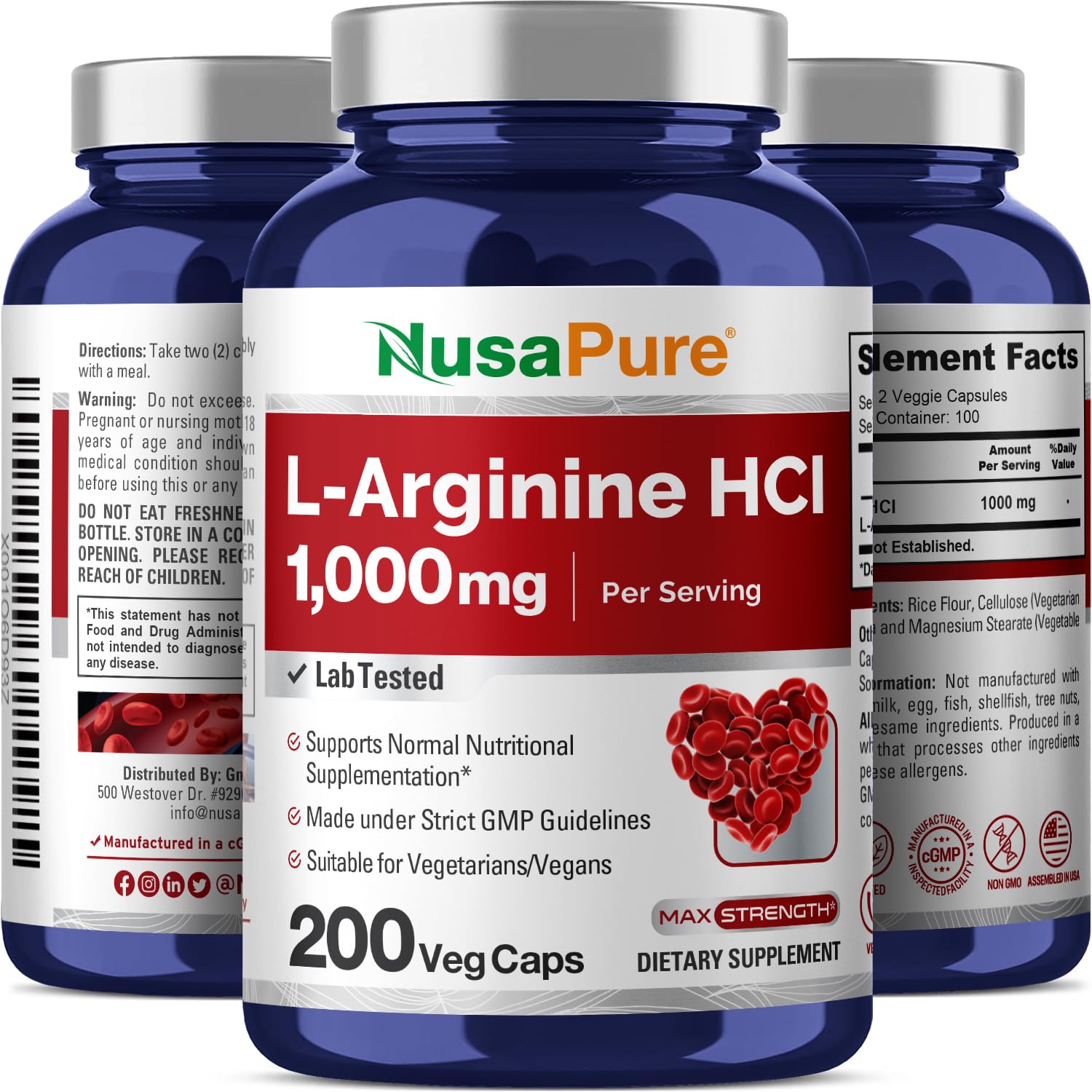Capsules faciles à avaler NusaPure L-Arginine, formulation pure et efficace