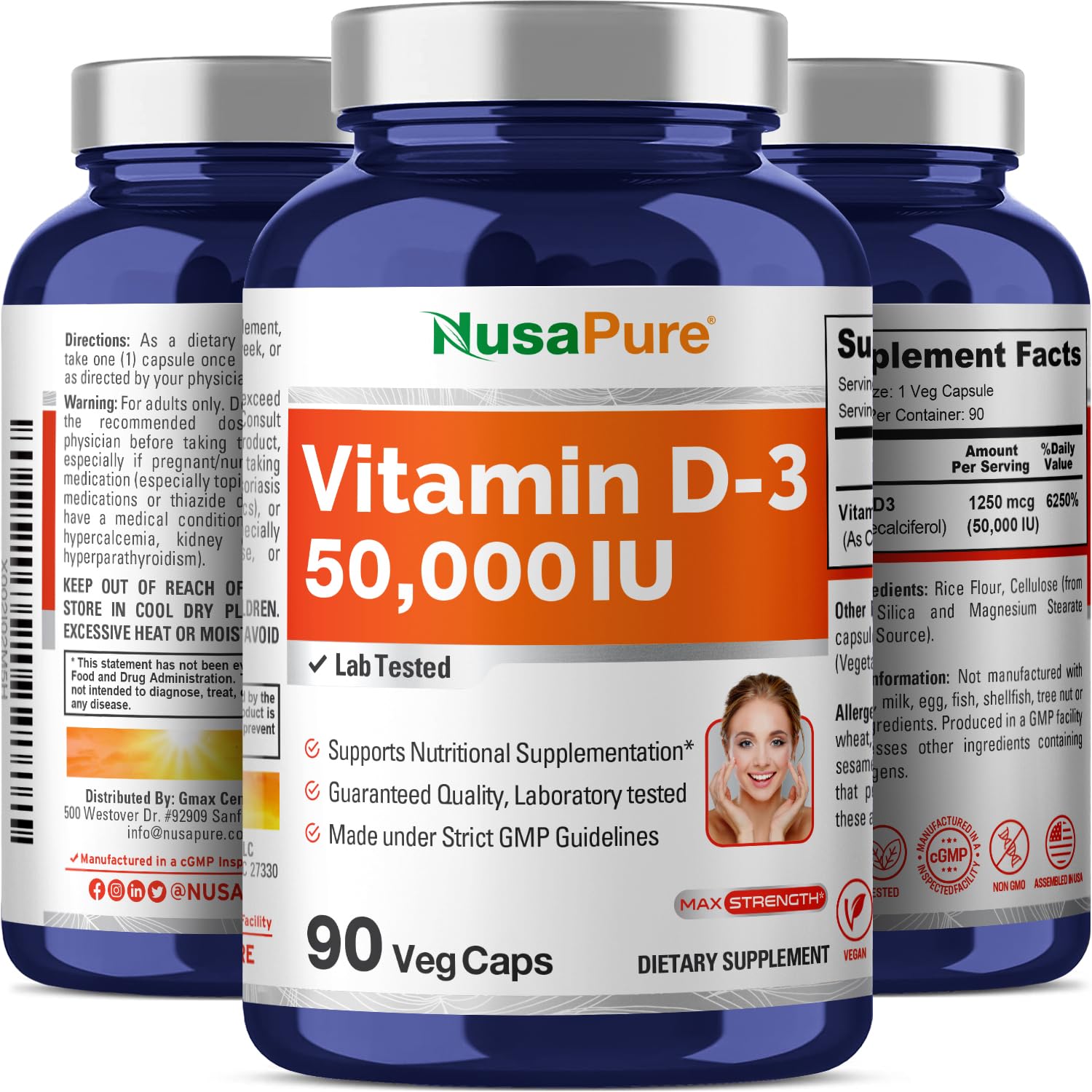 Bouteille NusaPure D3 50000 UI sur emballage recyclable.