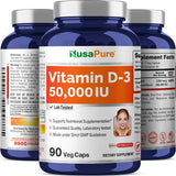 Bouteille NusaPure D3 50000 UI sur emballage recyclable.