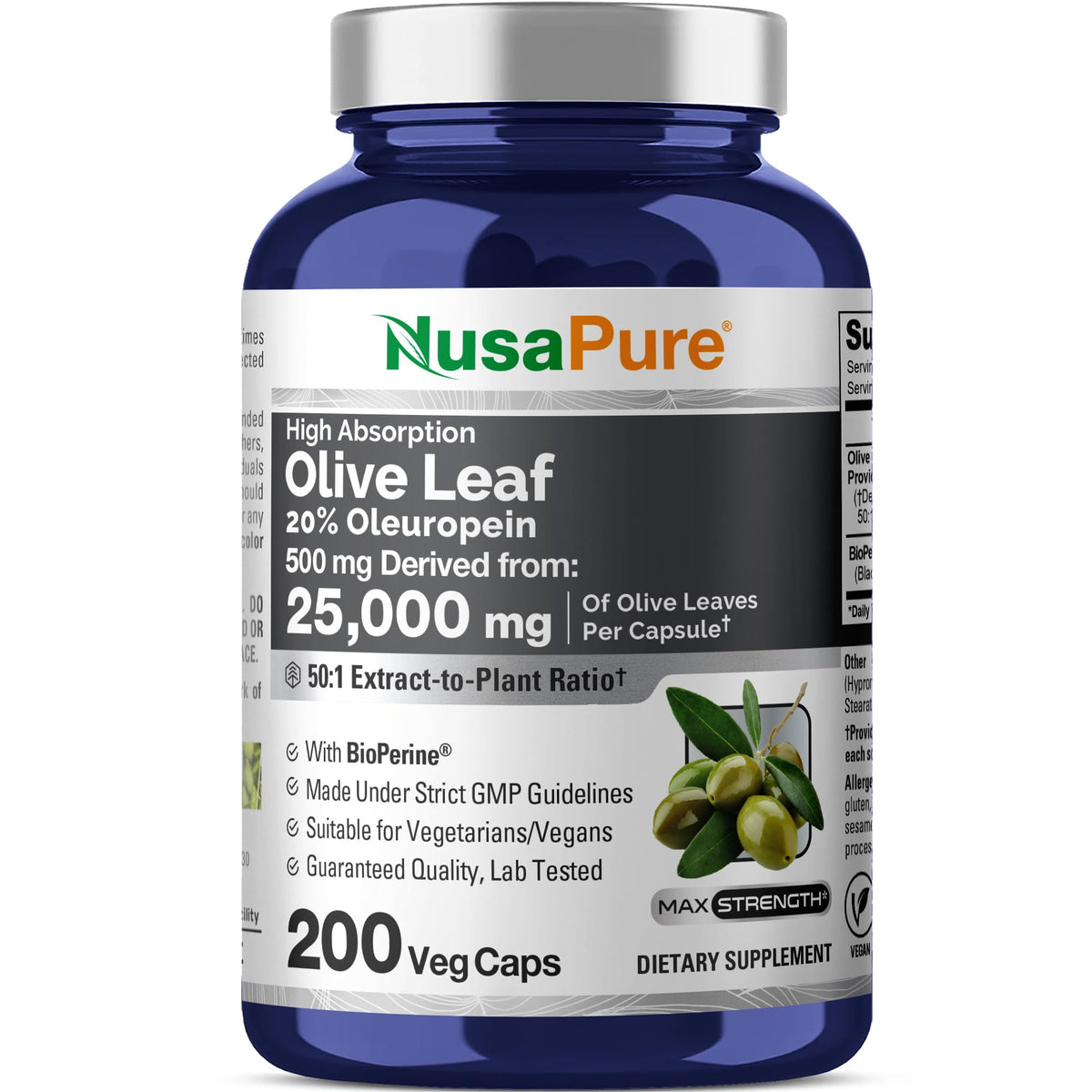 NusaPure Bouteille Feuille d olive 500mg, extrait concentré pour soutien quotidien