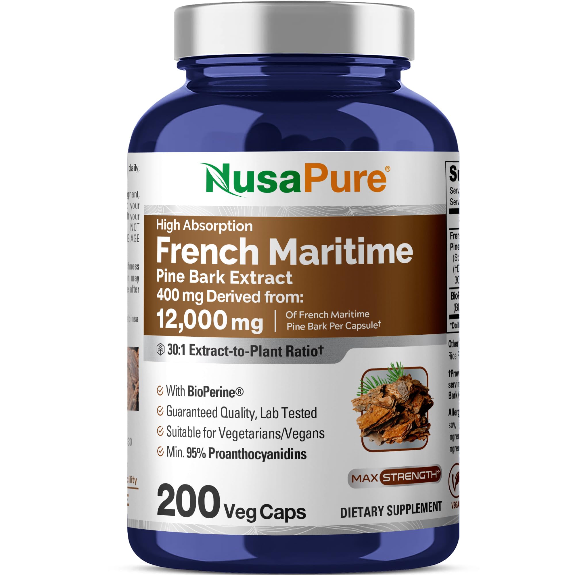 NusaPure bouteille Pin maritime 30:1 avec extrait concentré pour la routine quotidienne.