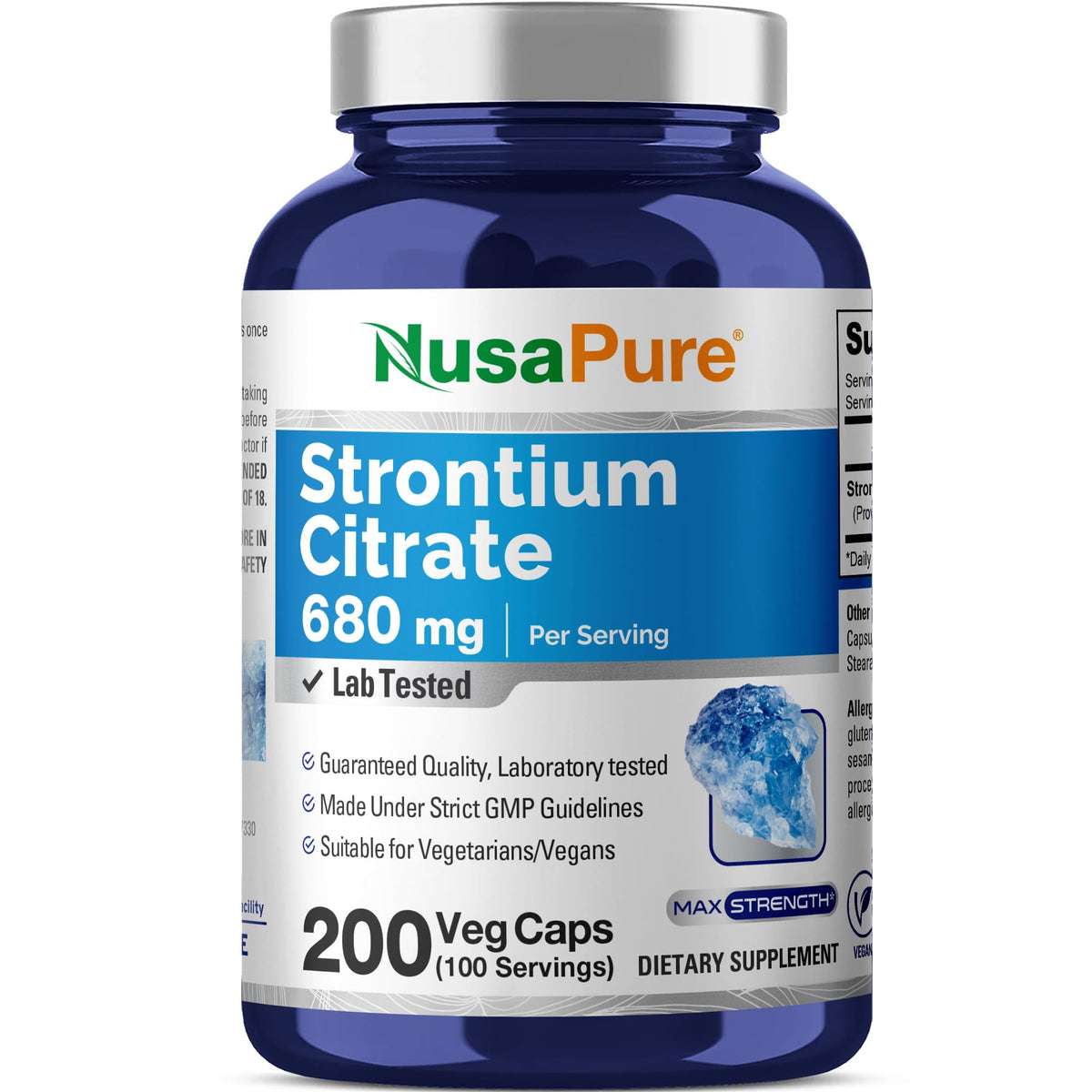 NusaPure Strontium Citrate — bouteille vegan, apport quotidien pratique.