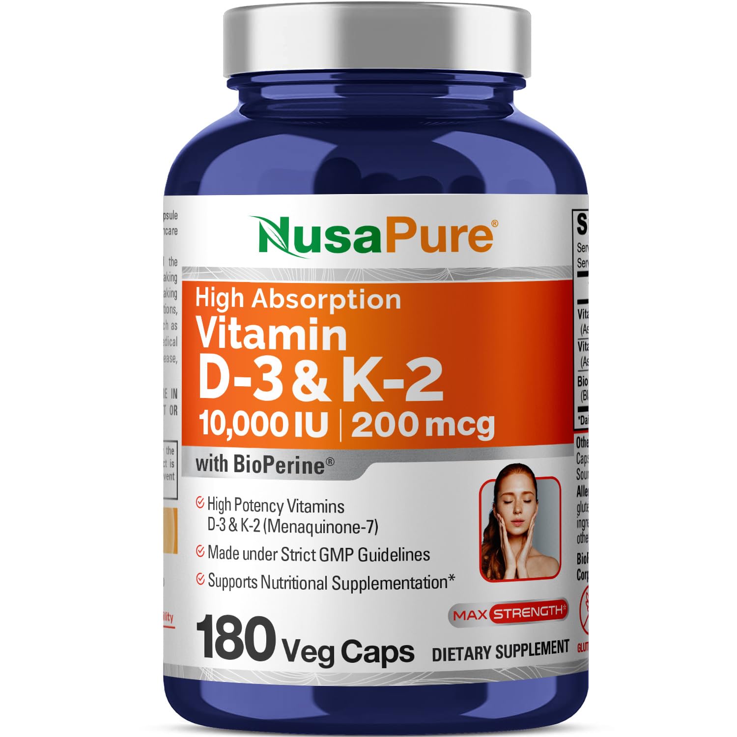 NusaPure bouteille avec gélules K2 MK7 et D3, pratique au quotidien.