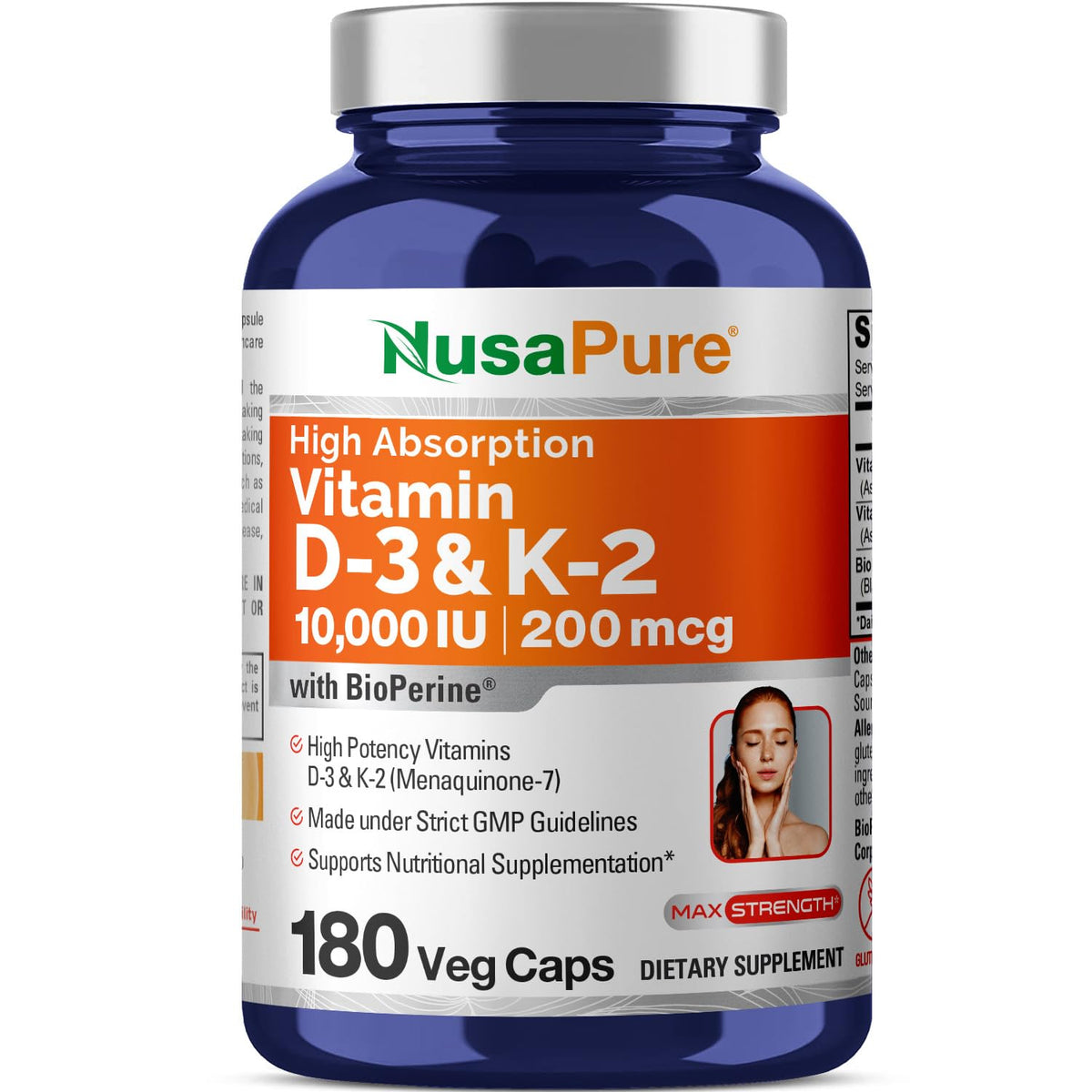 NusaPure bouteille avec gélules K2 MK7 et D3, pratique au quotidien.