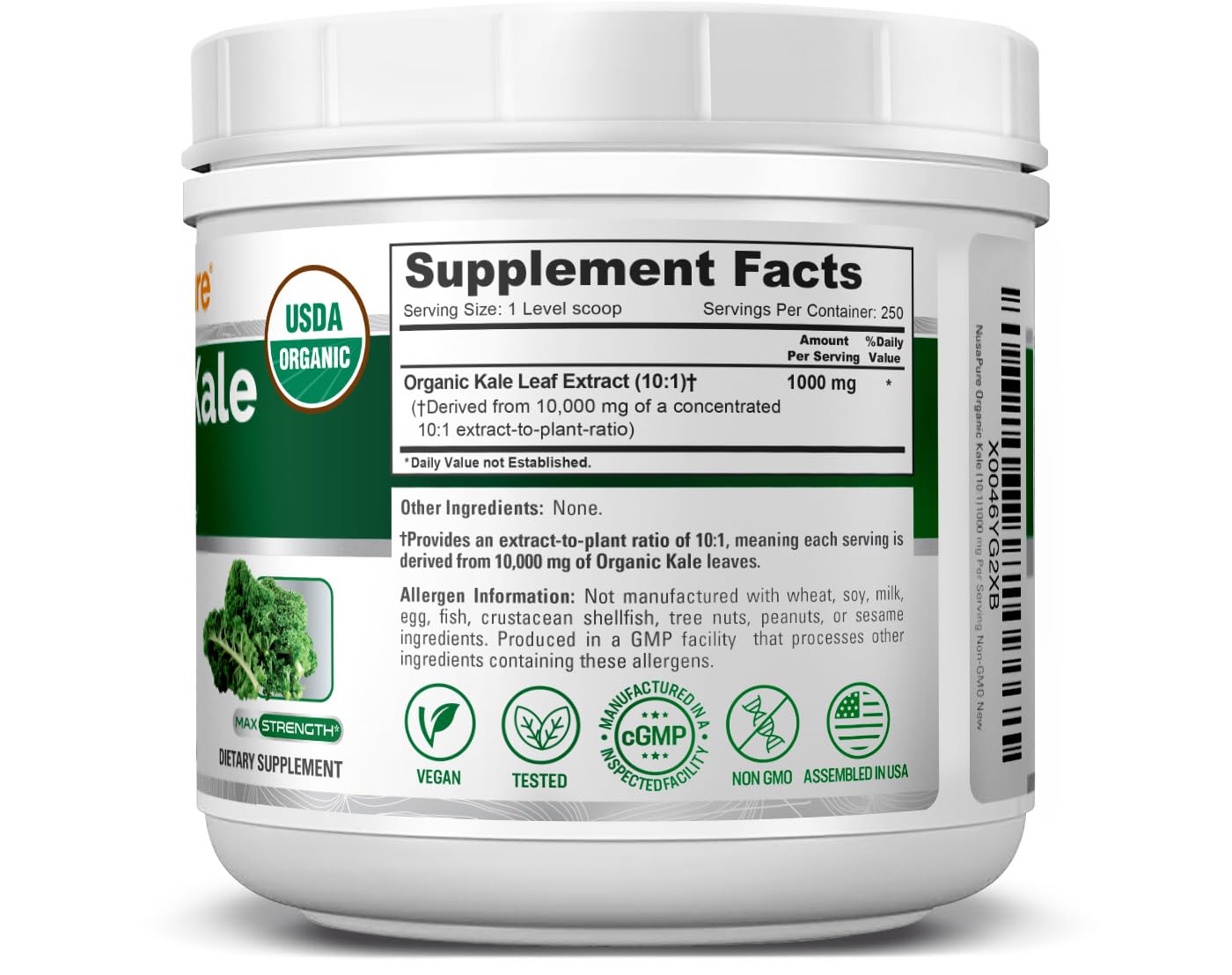 Capsules kale organique NusaPure adaptées pour régime végétarien ou végan.