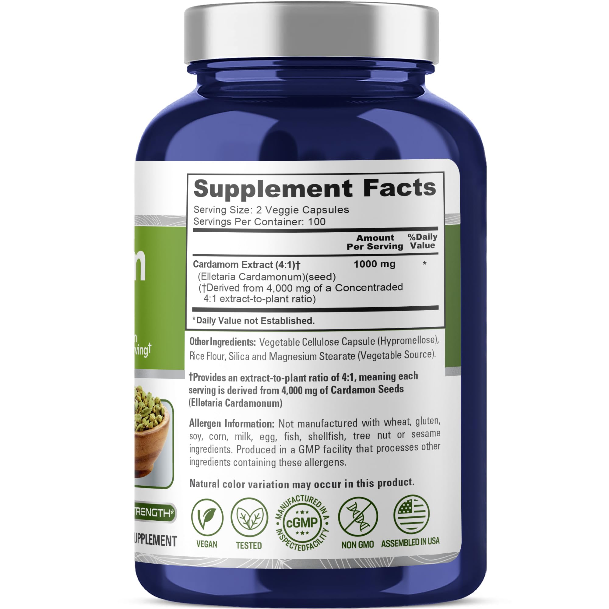 NusaPure Cardamome 4:1 extrait, dose quotidienne de 2 gélules simple.