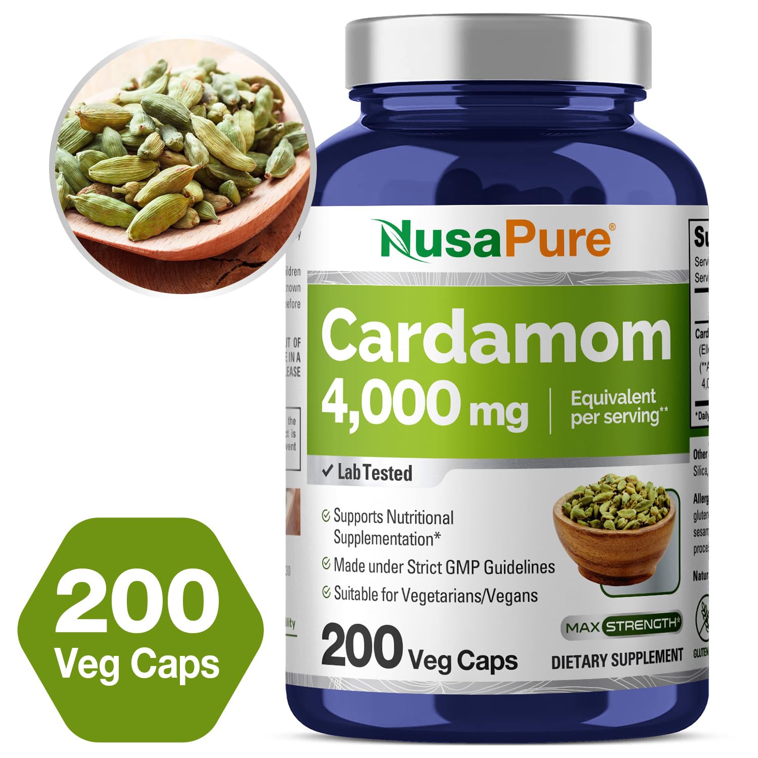 NusaPure Cardamome 4:1 extrait, étiquette claire vérifiant origine.