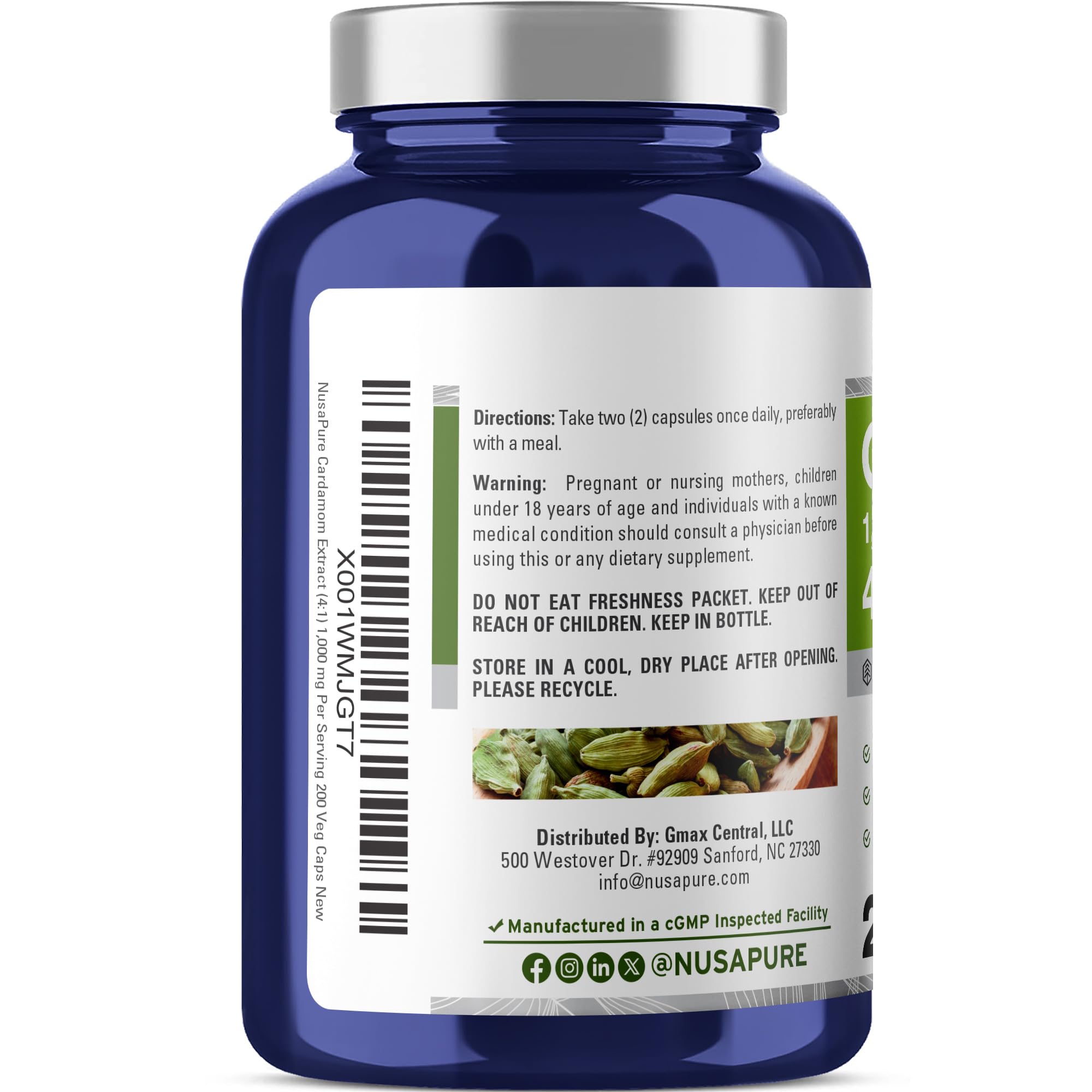 NusaPure Cardamome 4:1 extrait, gélules véganes faciles à intégrer.