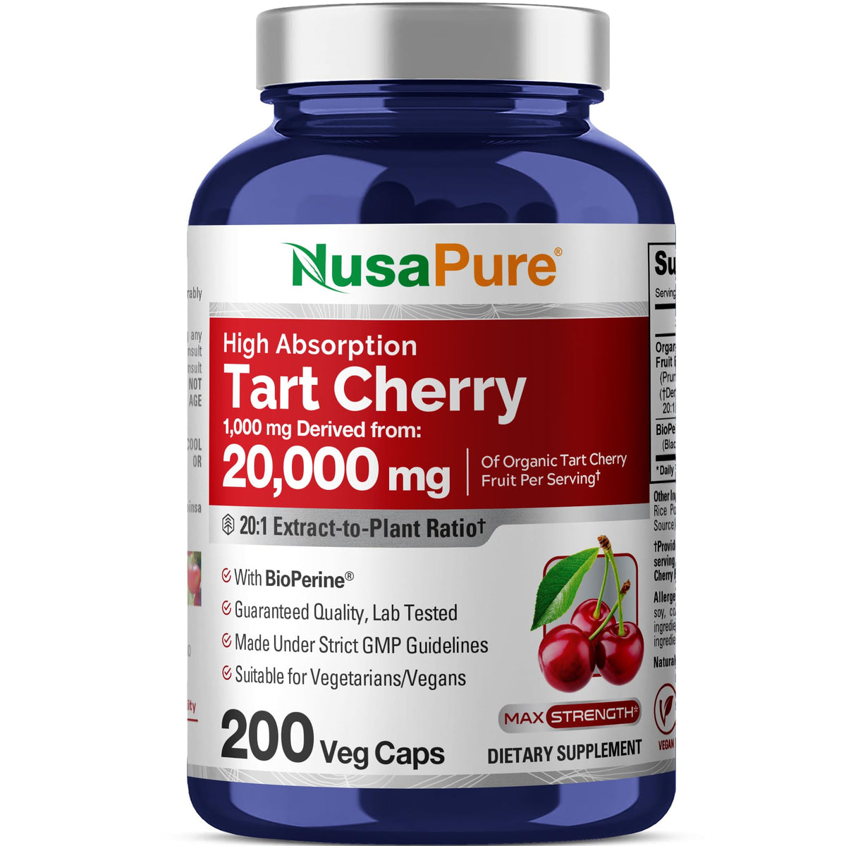 NusaPure cerise tart extrait 20:1 – bouteille montrant une concentration élevée et pratique.