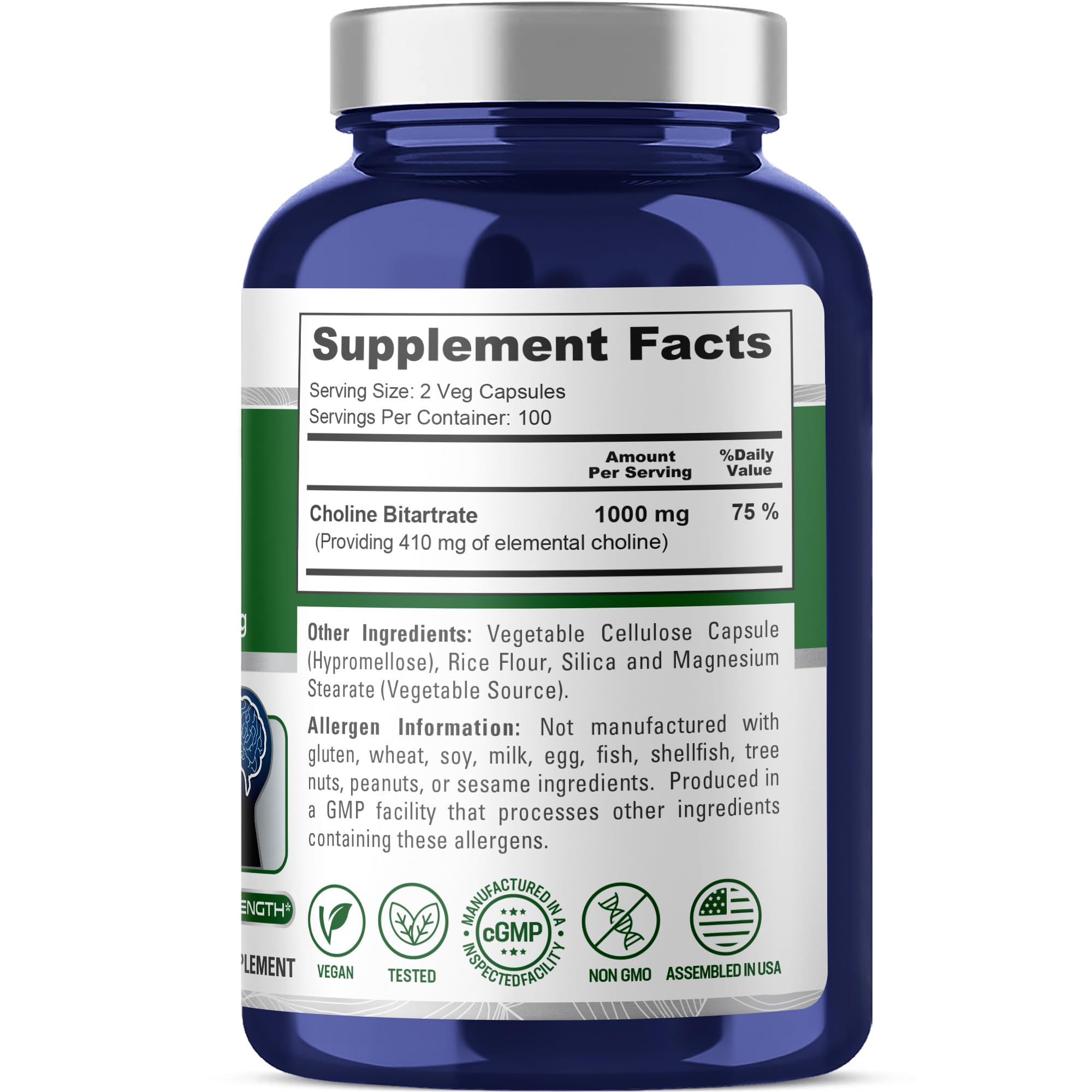 Capsules NusaPure Choline Bitartrate faciles à avaler pour un usage végétarien.