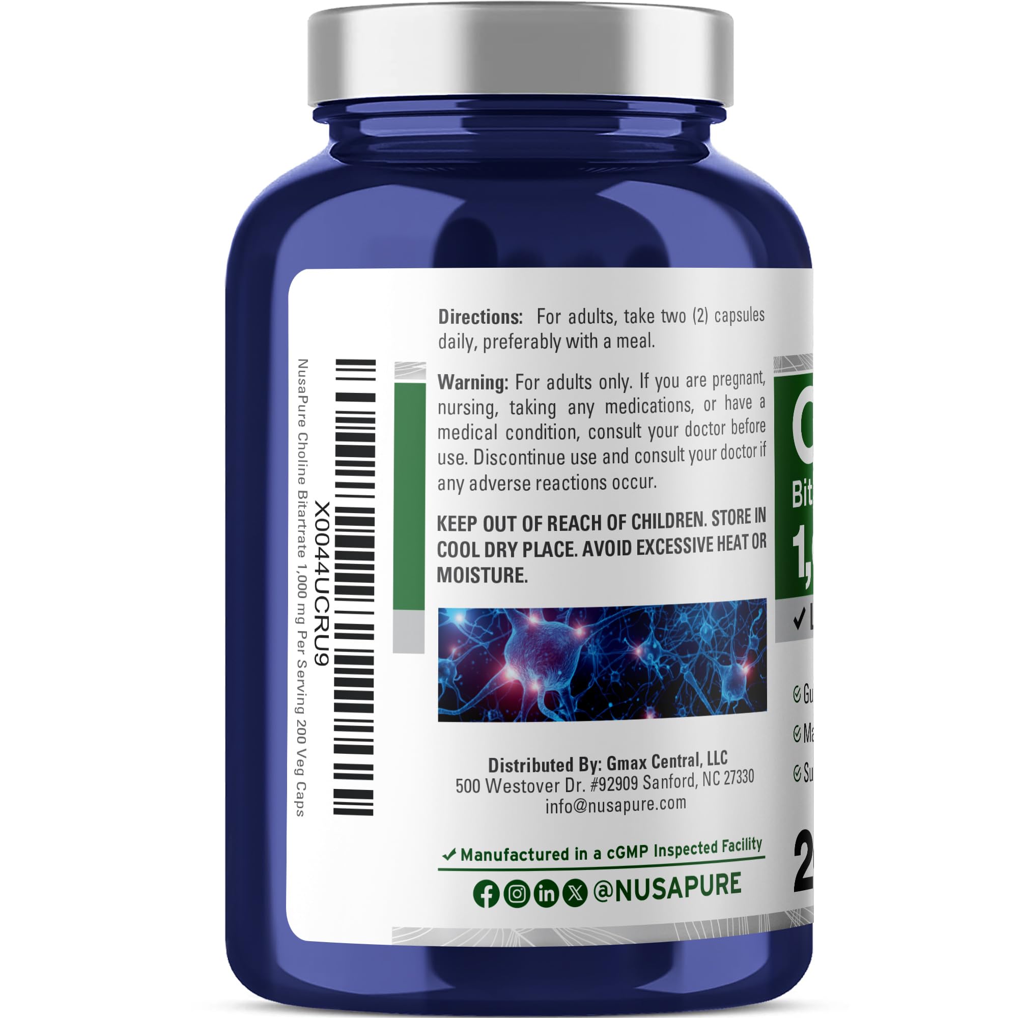 Étiquette NusaPure claire indiquant 1000 mg par capsule pour transparence.