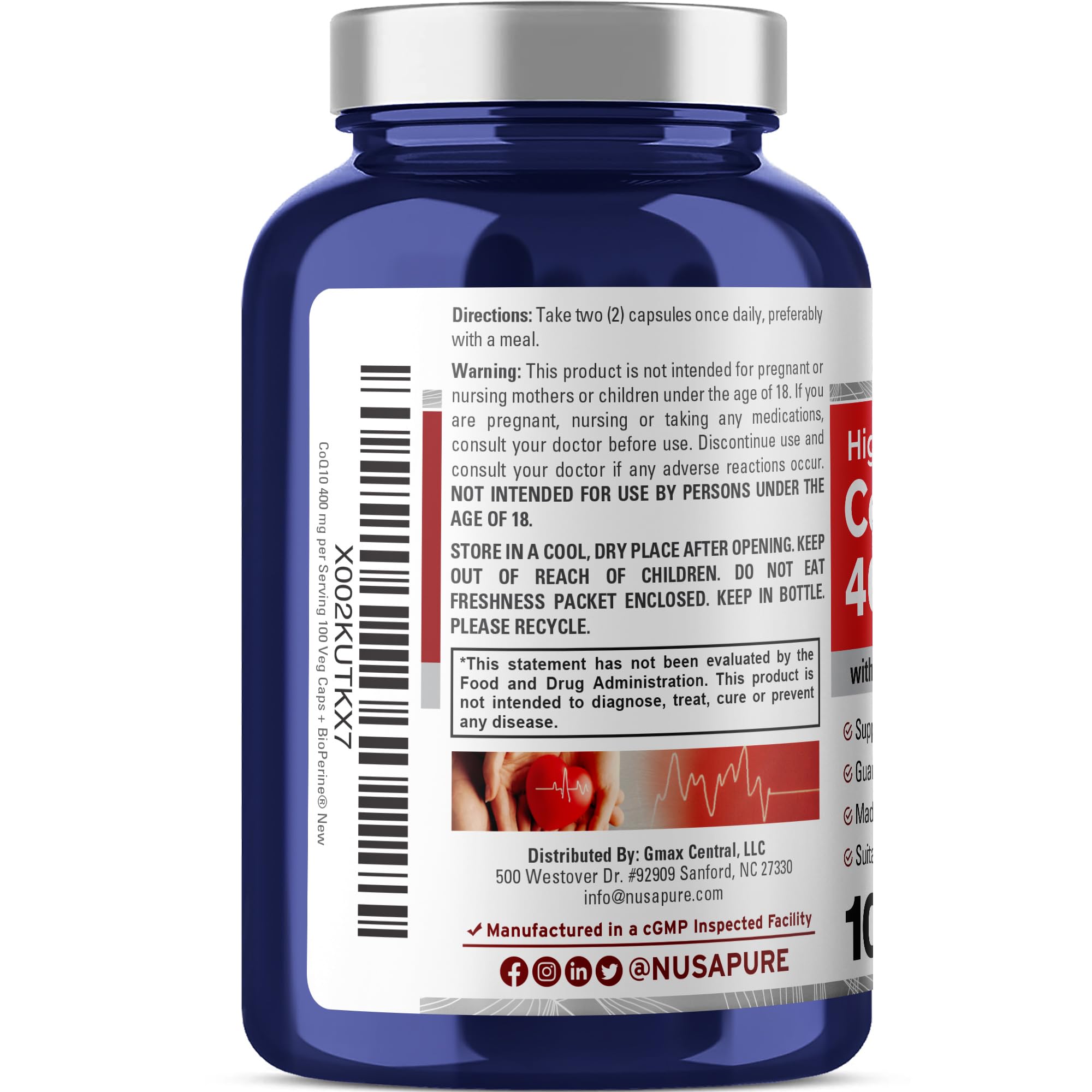 Boite de 100 capsules véganes NusaPure CoQ10 pour environ 50 jours.