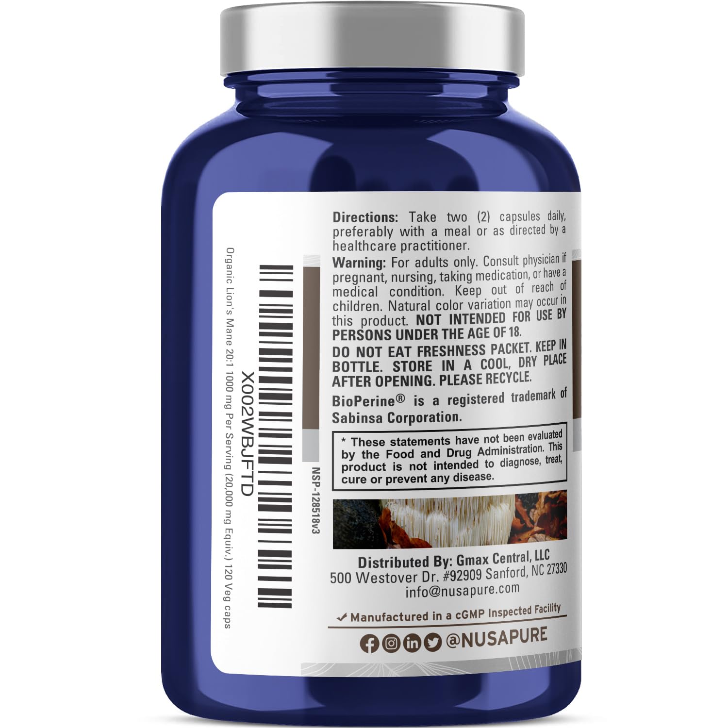 NusaPure Crinière de Lion avec Bioperine pour une absorption potentiellement optimisée.