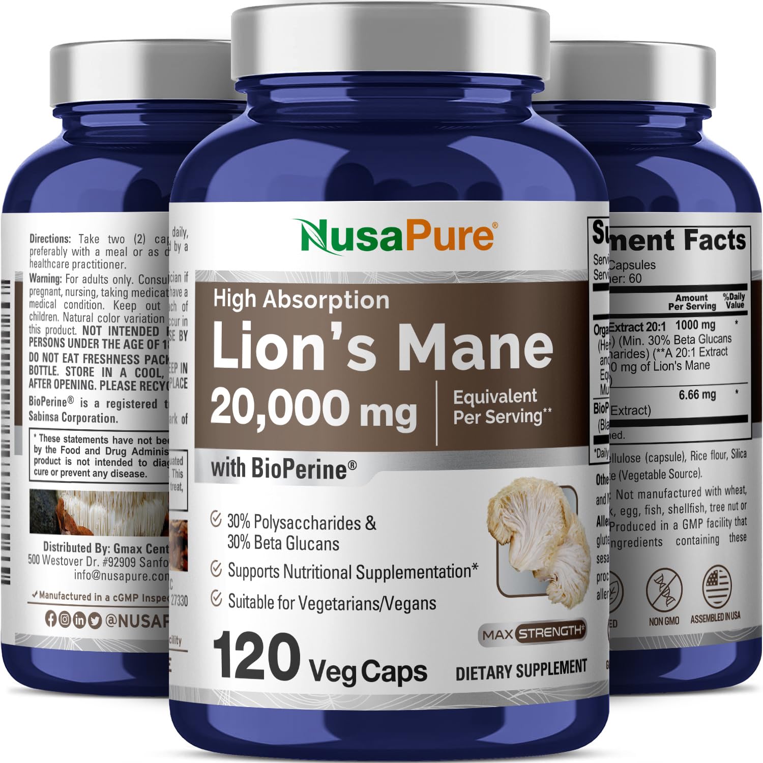 NusaPure Crinière de Lion: polysaccharides à 30% pour le profil actif.