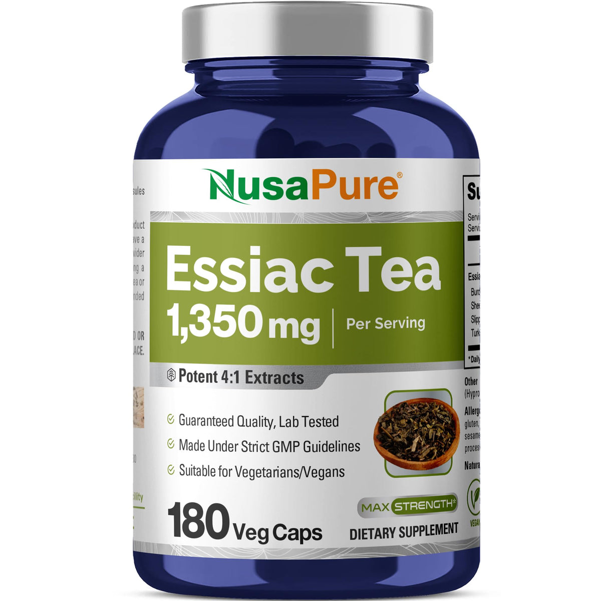 NusaPure Essiac Tea: bouteille 180 gélules prête pour 60 jours.