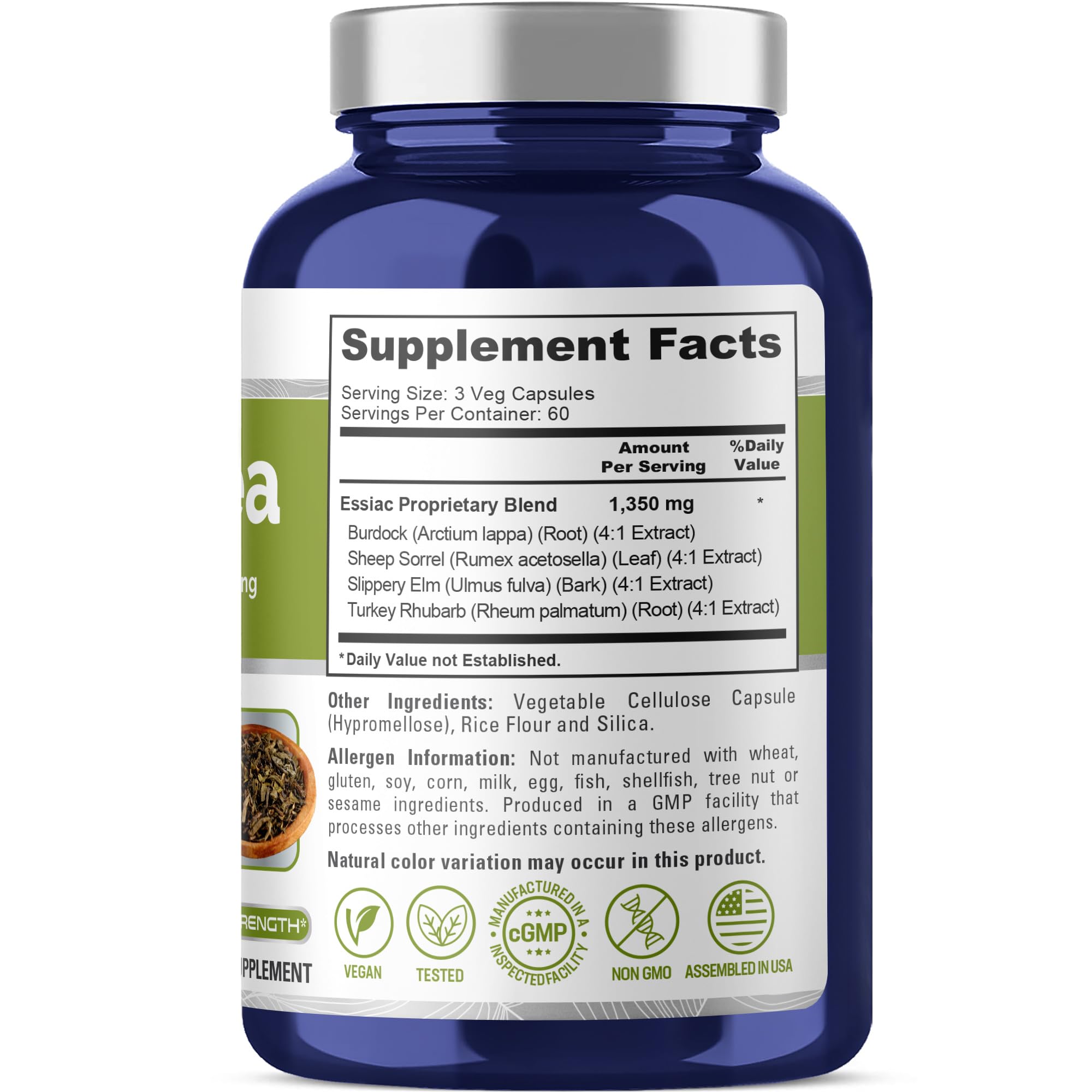 Capsules végétariennes Essiac Tea, format pratique pour routine quotidienne.