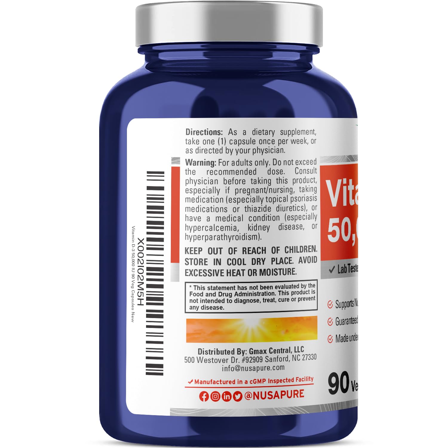 Étiquette NusaPure avec certifications CGMP visibles sur l'emballage.