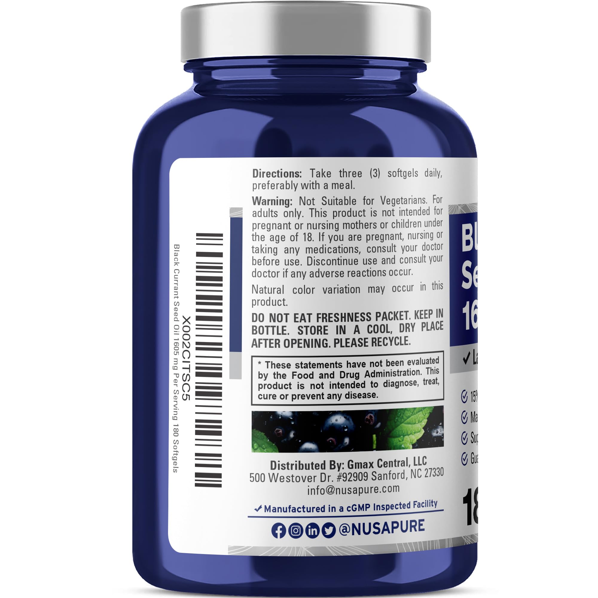 NusaPure étiquette cassis — sans OGM et sans soja.