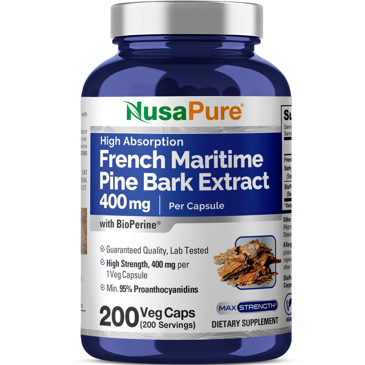 NusaPure Extrait Pin Maritime: bouteille et capsules, soutien antioxydant potentiel.
