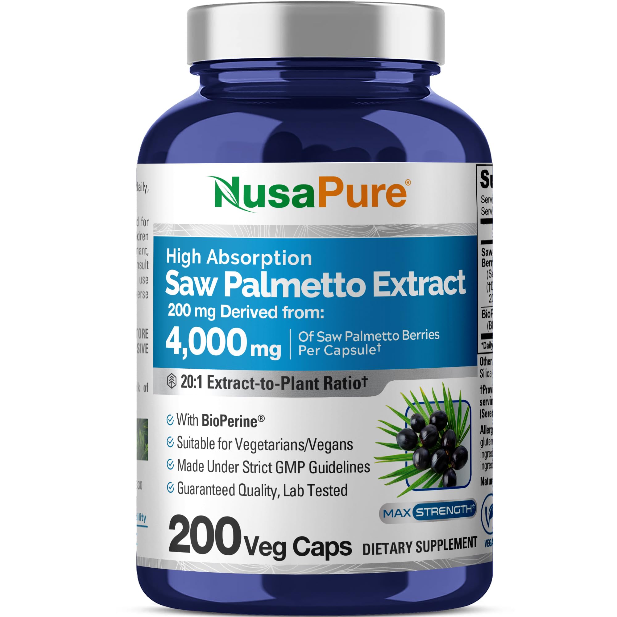 NusaPure Saw Palmetto: flacon montrant l'extrait 20:1 pour une routine quotidienne.