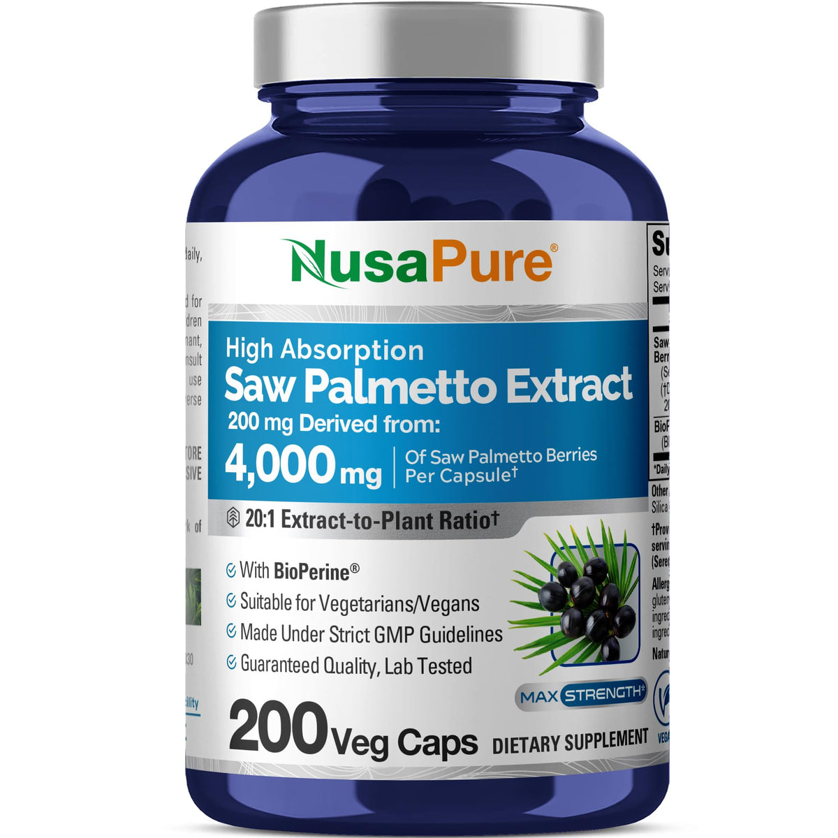 NusaPure Saw Palmetto: flacon montrant l'extrait 20:1 pour une routine quotidienne.
